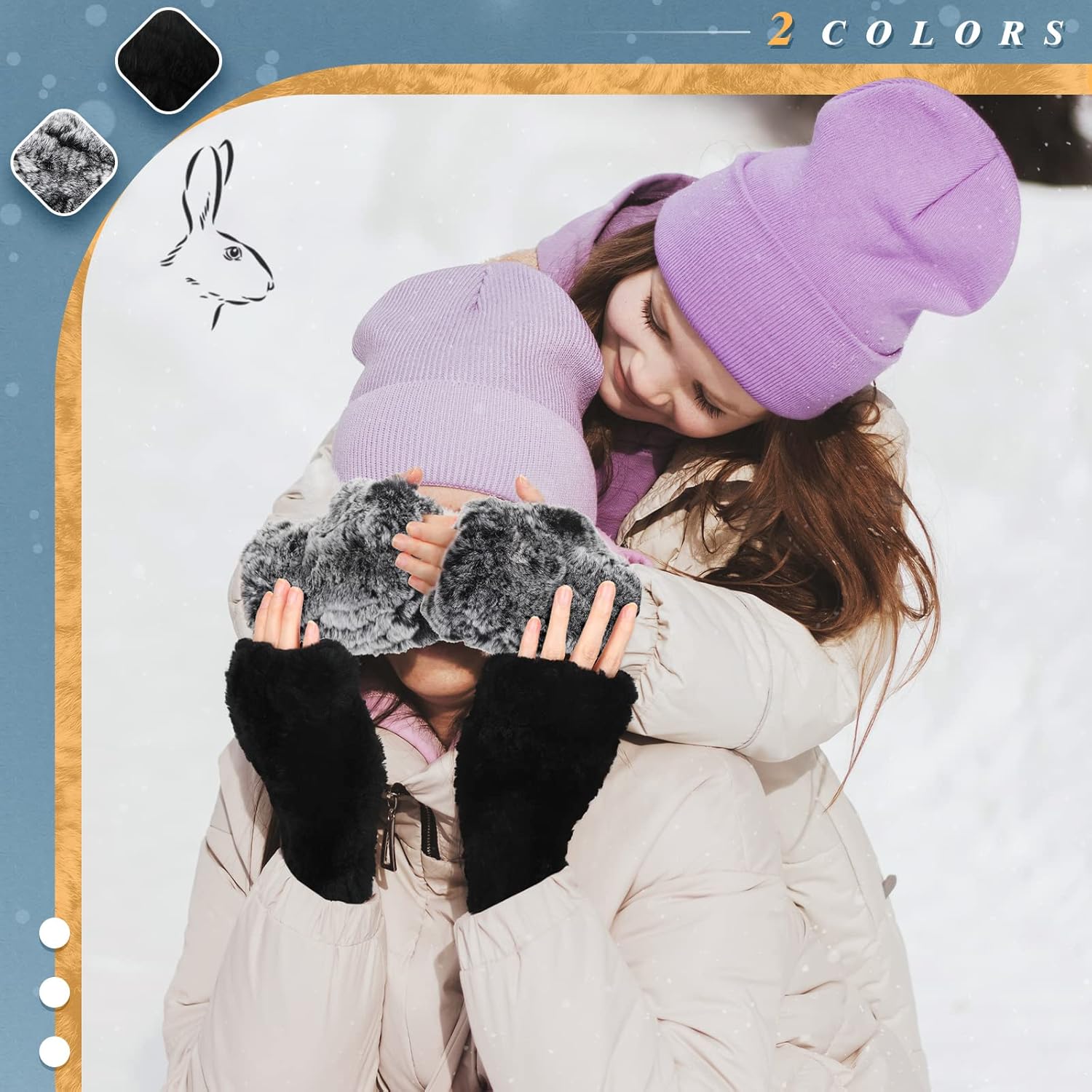 Geyoga 2 Pairs Winter Fur Gloves Rabbit Fur Mittens Knit Long Fingerless Gloves Warm Hand Muffs for Women Girls - Image 2