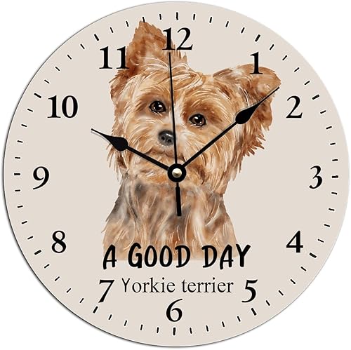ArogGeld Reloj de pared con texto en inglés "A Good Day" Yorkie Terrier - Reloj de pared colgante para perro Yorkie Terrier, silencioso, sin tictac,