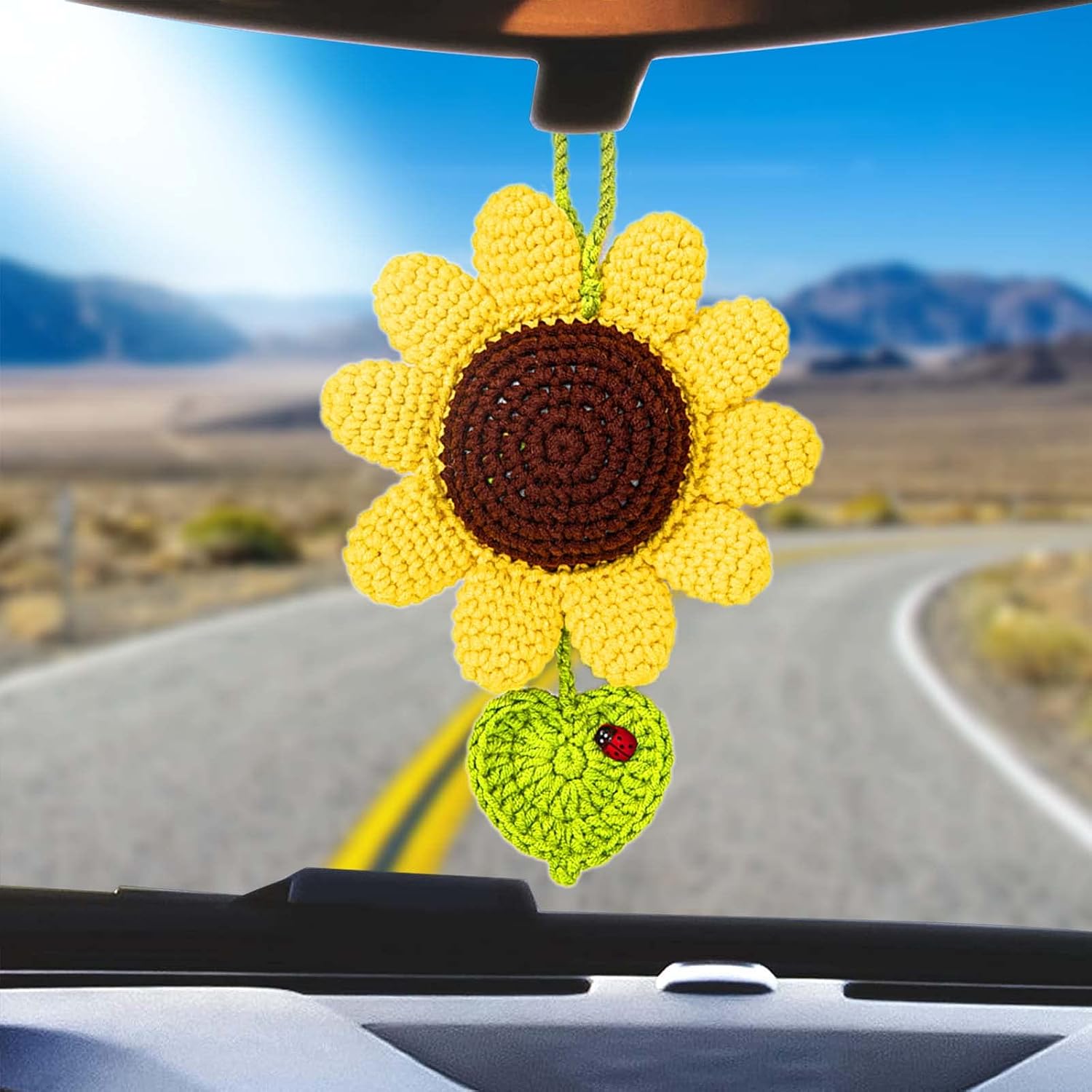Valentines Day Sunflowers Gifts for Her. Sunflower Car Rear View Mirror Hanging Accessories Decor, Car Interior Cute Accessories Decorations Ornaments for Women Girlfriend Driver Crochet Sunflower.