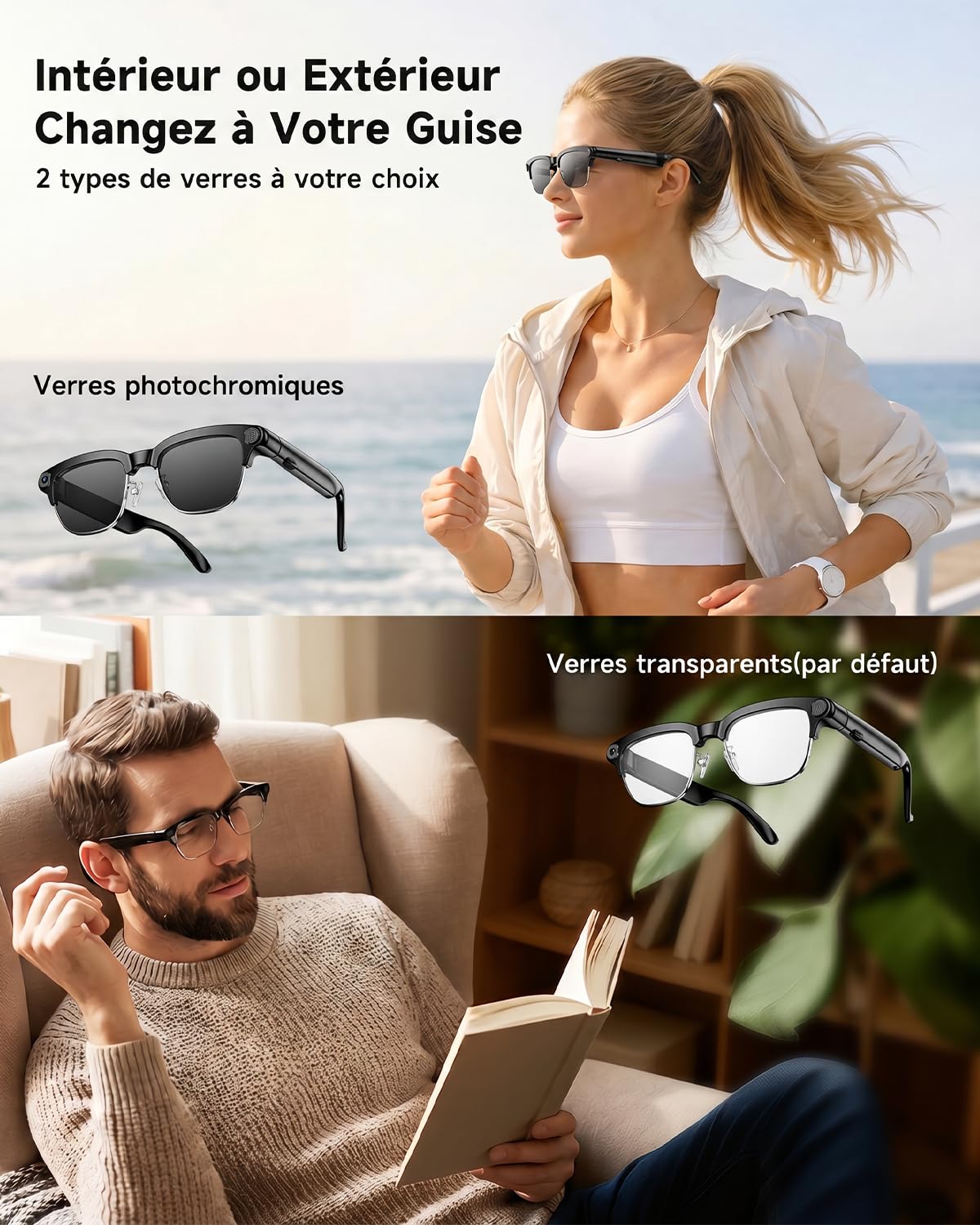 TOOBUR Lunettes connectées AI avec Appareil Photo 8MP, vidéo HD 1080P Anti-Flou, Traduction en Temps réel & Assistant Vocal, appels Bluetooth & Audio à Oreille Ouverte pour vlog, Voyage & réunions