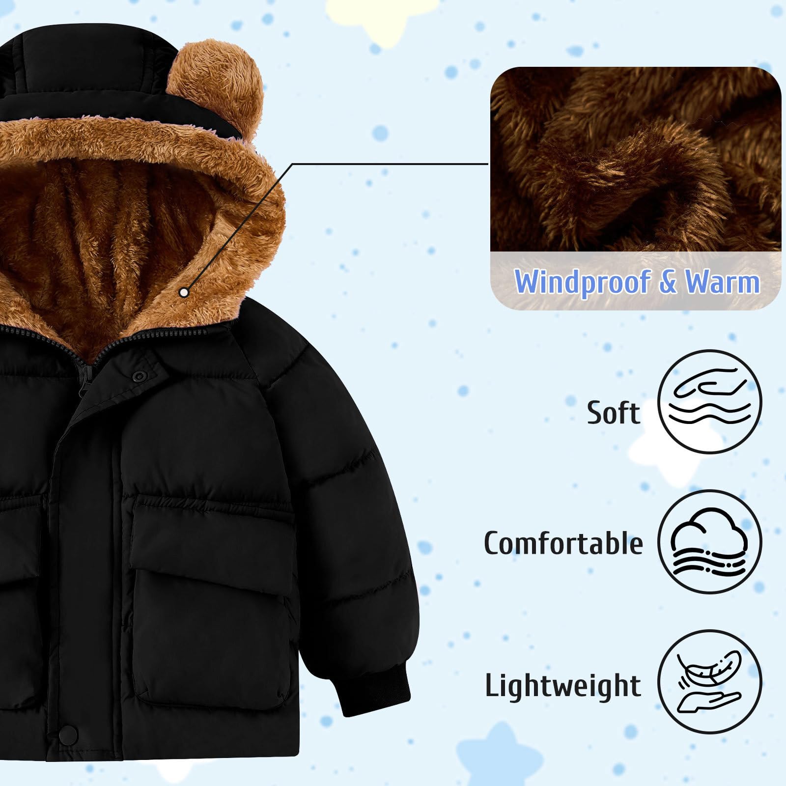 SFreeBo Veste d'hiver pour bébé, veste polaire pour filles et garçons, veste à capuche avec oreilles d'ours et poches, vêtements d'hiver doublés en peluche, 6 mois à 5 ans