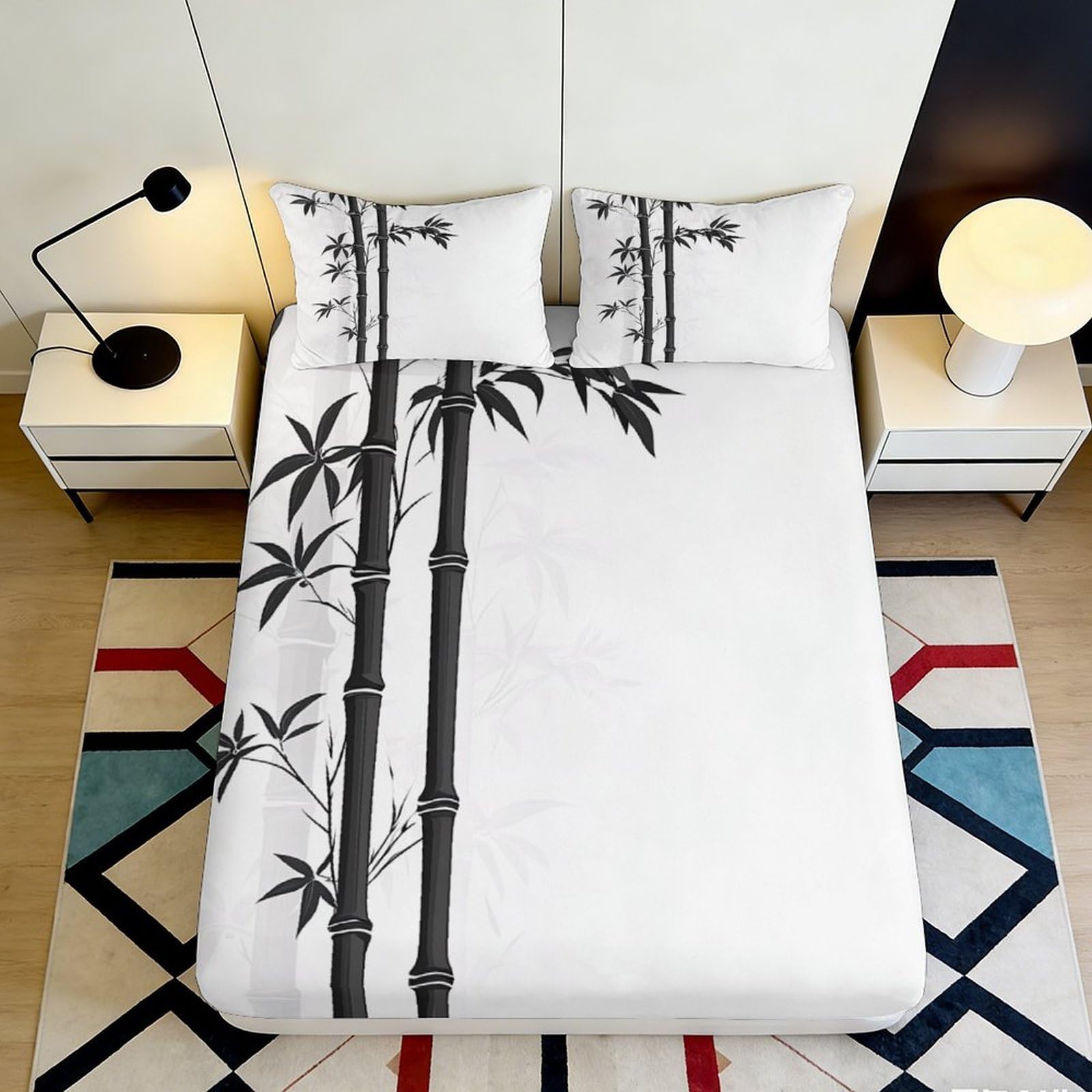 3D Printed Black Bamboo Fitted Sheet Microfiber Soft Anti-Slip Mattress Cover for Bedroom Guestroom Dorm Décor 120x200cm 200x200x25cm