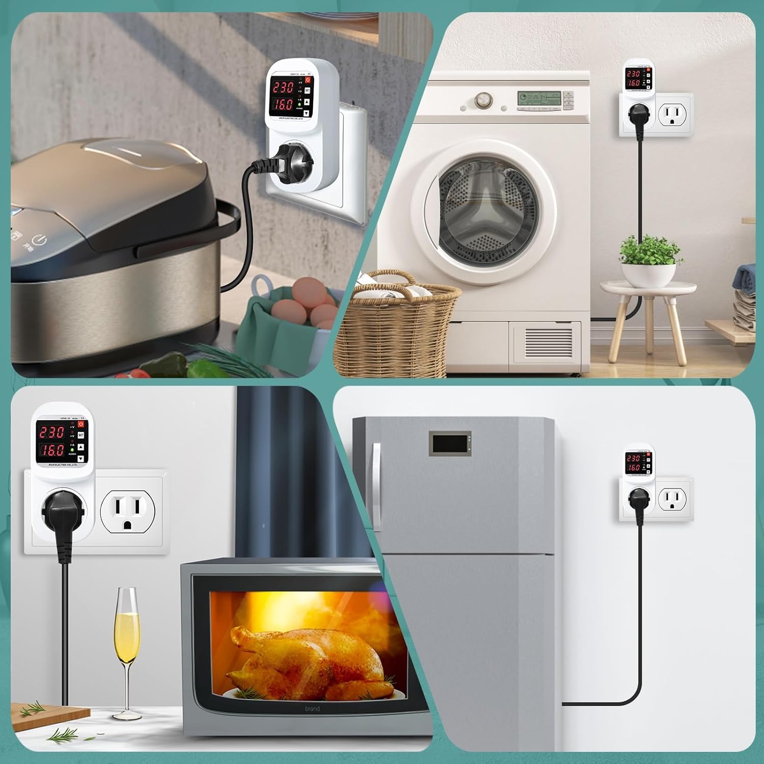 Collage of images showing the DEWIN voltage protection plug in use with various appliances like a rice cooker, washing machine, microwave, and refrigerator.