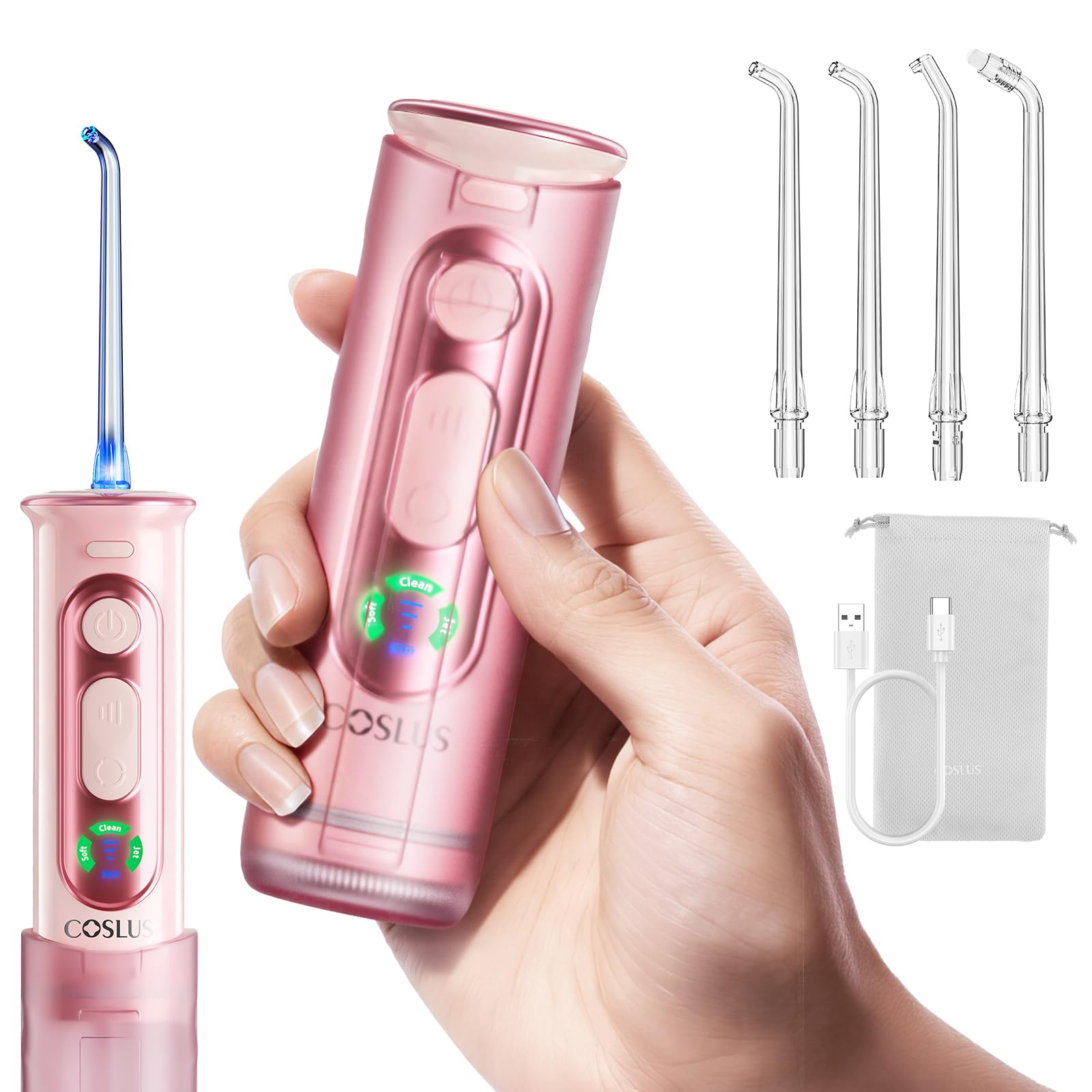 COSLUS T50 Irrigador Dental PortáTil Bucal Mini: Irrigador Dental InaláMbrico 240Ml con Tanque TelescóPico, 9 Niveles con Pantalla Luz Indicadora de PresióN, Ipx7 para Hogar Y Viajes, Rosa