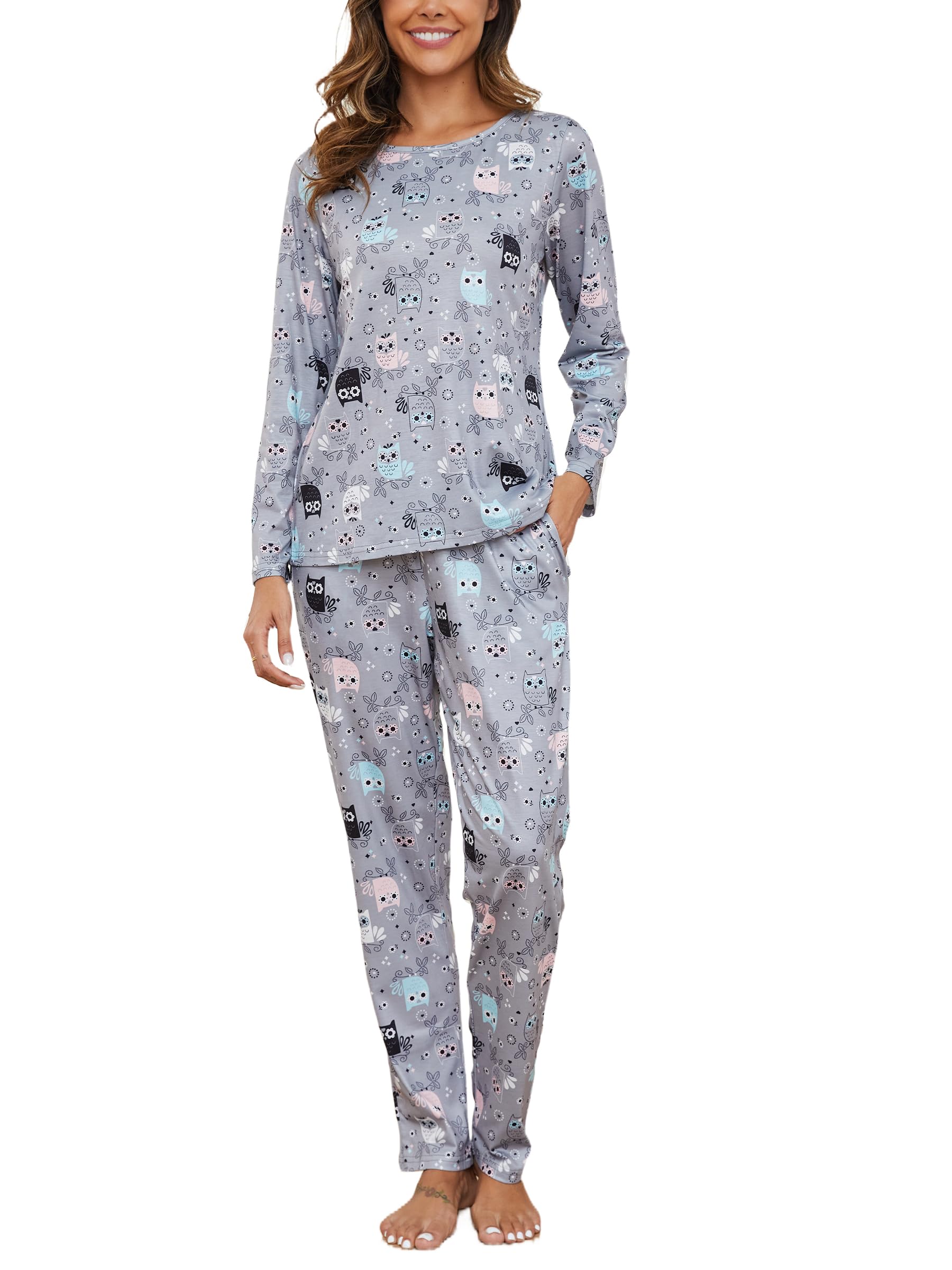 Reliwel Schlafanzug Damen Lang Baumwolle Pyjama Set Winter Oberteil und Schlafanzughose Langarm Loungewear Sleepwear Hausanzug Kuschelig Freizeitanzug