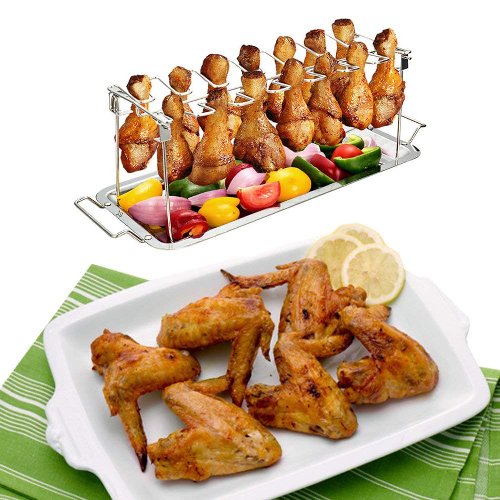 Chicken Leg and Wing Rack 14-Slot Stainless Steel Metal Grill with Drip Tray, Suitable for Smoked Grill Or Oven, Dishwasher, Very Suitable for Barbecue, Picnic