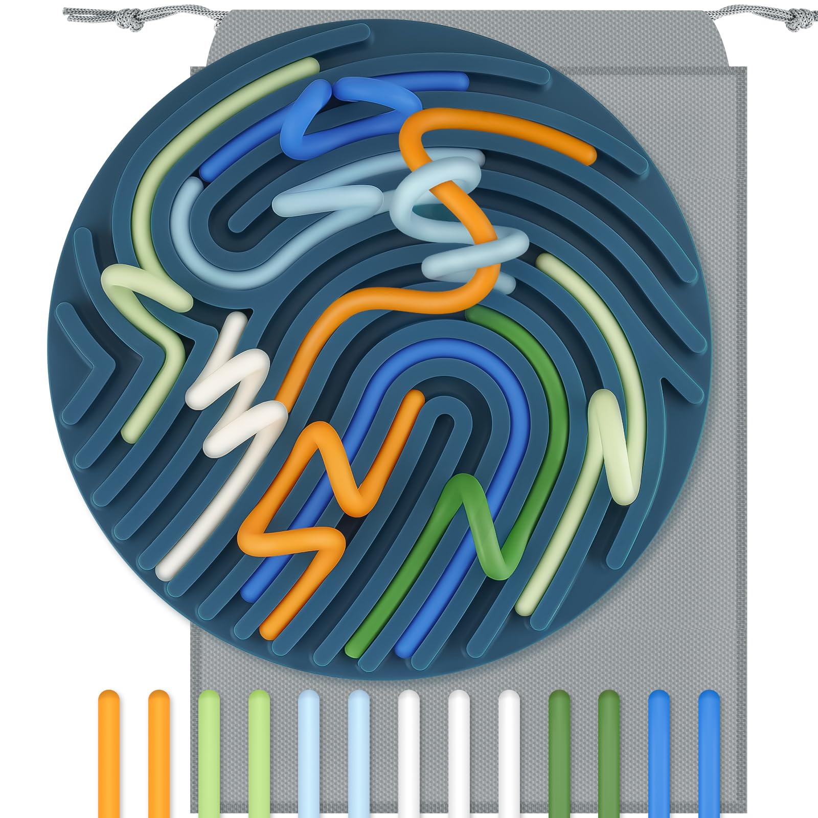 13 Silicone Strings Sensory Board Toy for Kids, Sensory Activity Board, Busy Board, Travel-Friendly STEM Montessori Fidget Toy for Fine Motor Skills and Hand-Eye Coordination (Round, Dark Green)