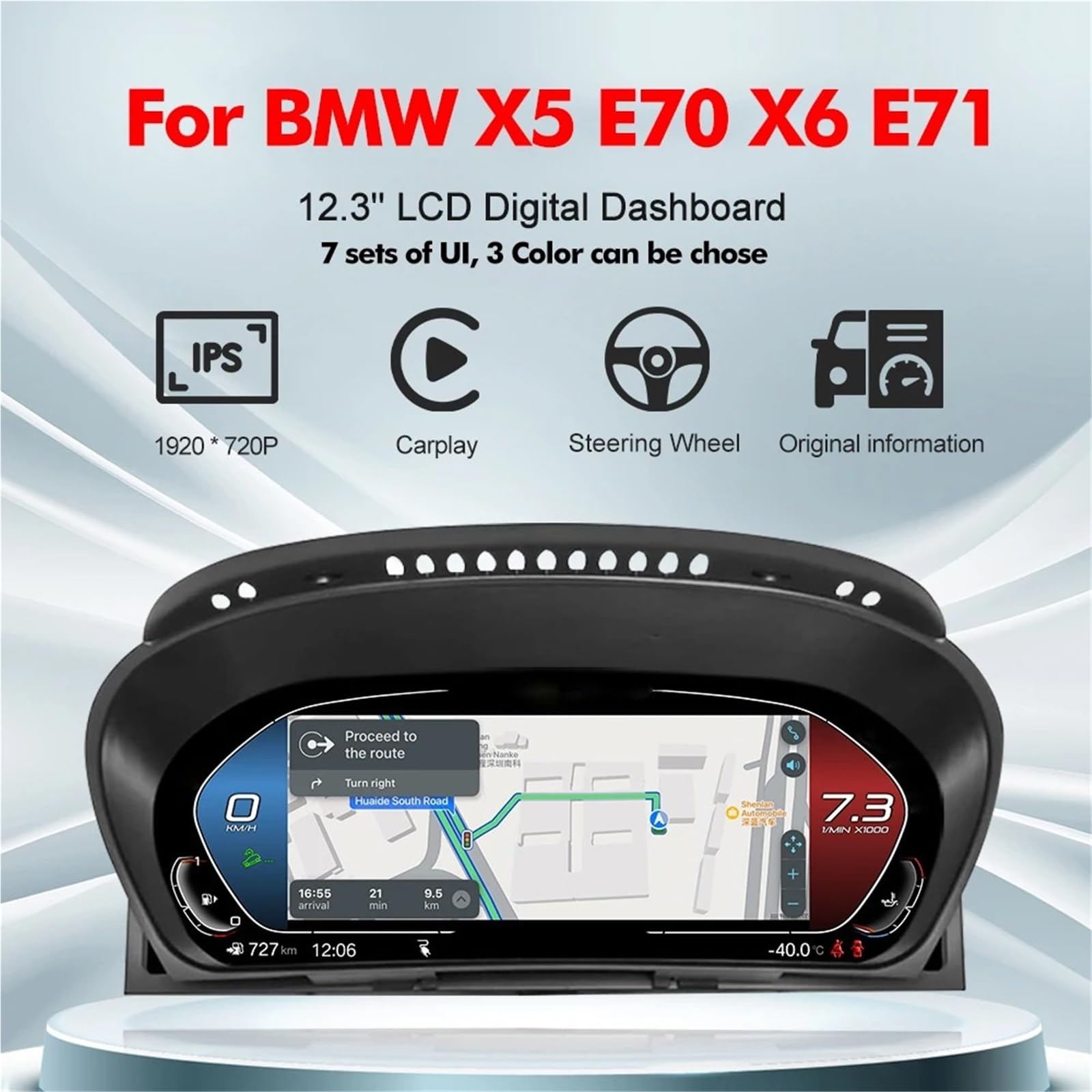 salpicadero del coche Compatible con BMW X5 E70 X6 E7112.3'' Tablero de instrumentos LCD antirreflejo para coche Velocímetro Panel digital Cabina Tacómetro