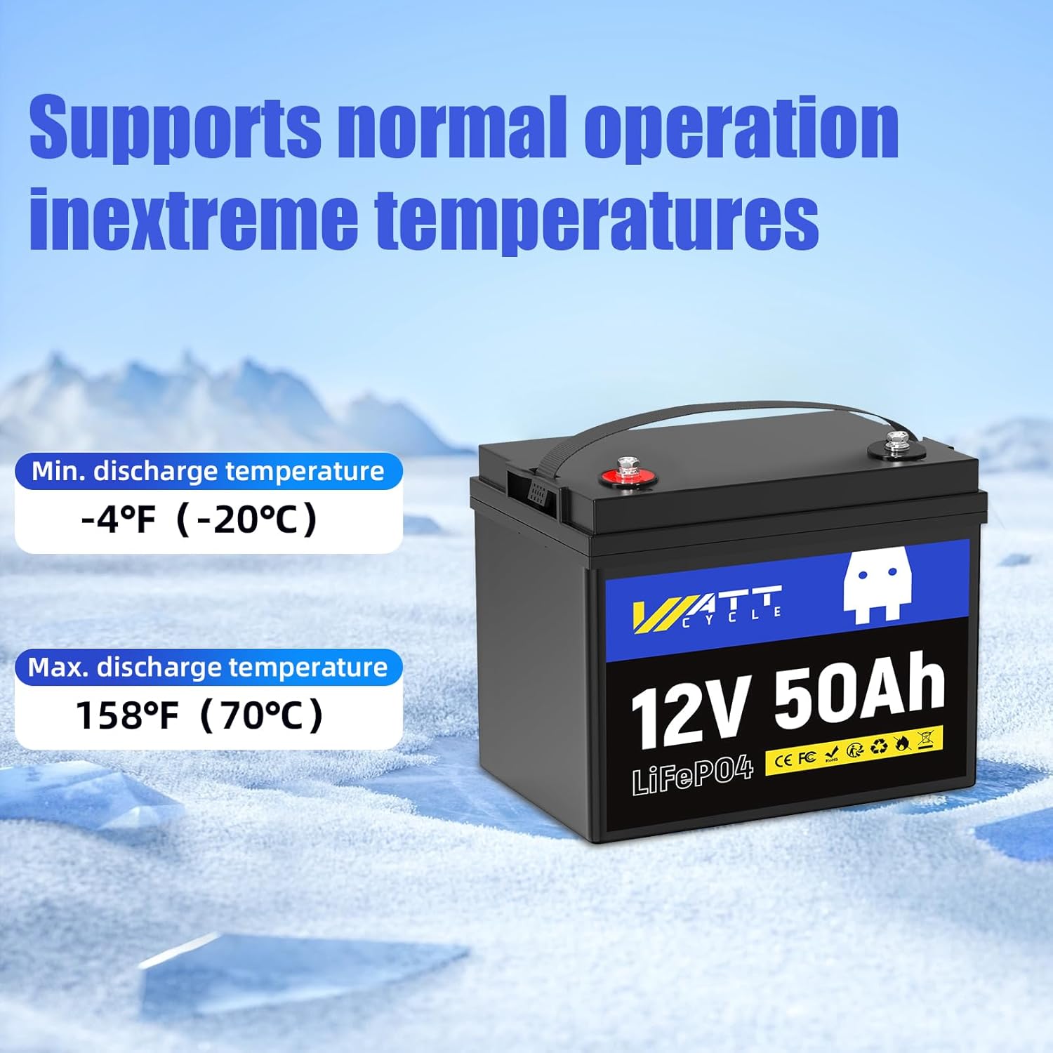 WattCycle 12V 50Ah LiFePO4 Lightweight Battery, RV Lithium Battery, EV Grade A+ Cells, Built-in 50A BMS, Low-temperature Protection - Also Suitable for Security Camera, Fish Finder, etc.