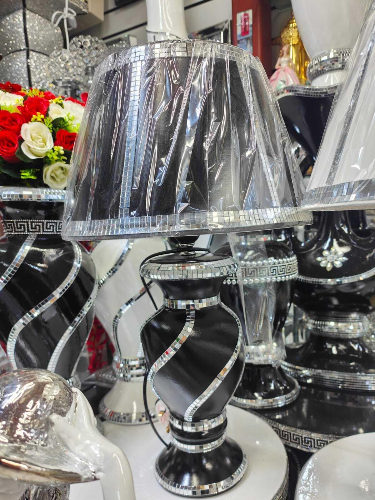 Biznest Black Silver Glitter Crushed Diamond Table Lamp With Shade