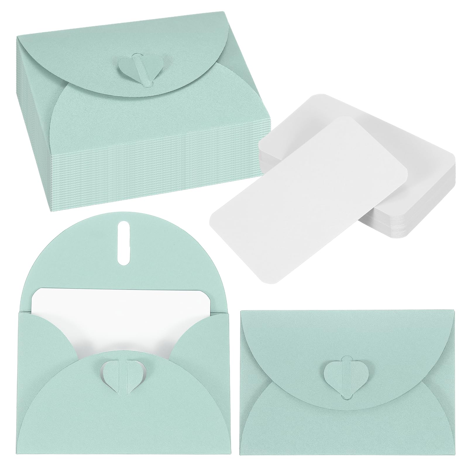 PATIKIL 50 Set Mini Envelopes with Heart Clasp, 4.1x3 Blank Note Cards with Envelopes for Gift Wedding Invitation Graduation Holiday Thanksgiving Day Christmas, Light Blue