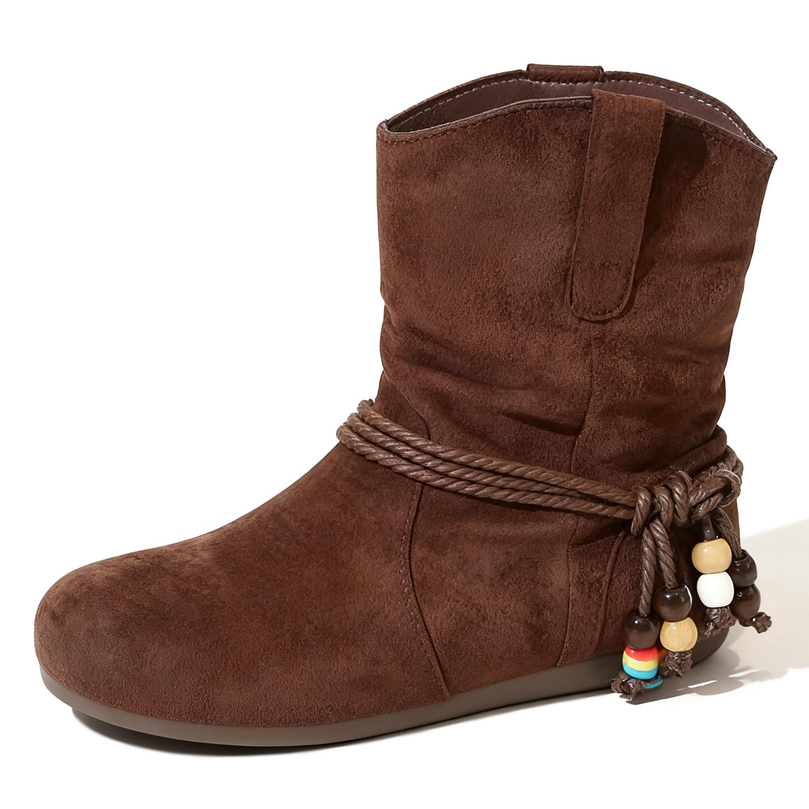 Womens Wrinkles Hemp Rope Beaded Tassel Mid Calf Boots Comfort Round Toe Suede Flats Ankle Booties Fashion Retro