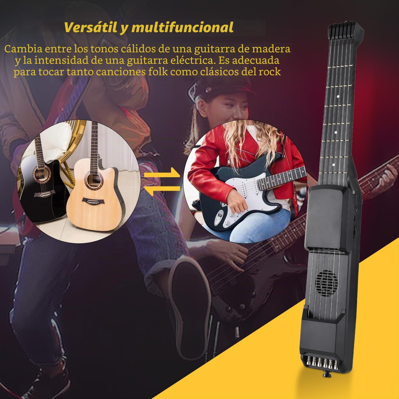 Guitarra Inteligente de 7 Trastes, Guitarra Eléctrica Acústica de Viaje Portátil con Sintonizador Digital Metrónomo Pantalla LCD AI, para Principiantes Práctica Profesional