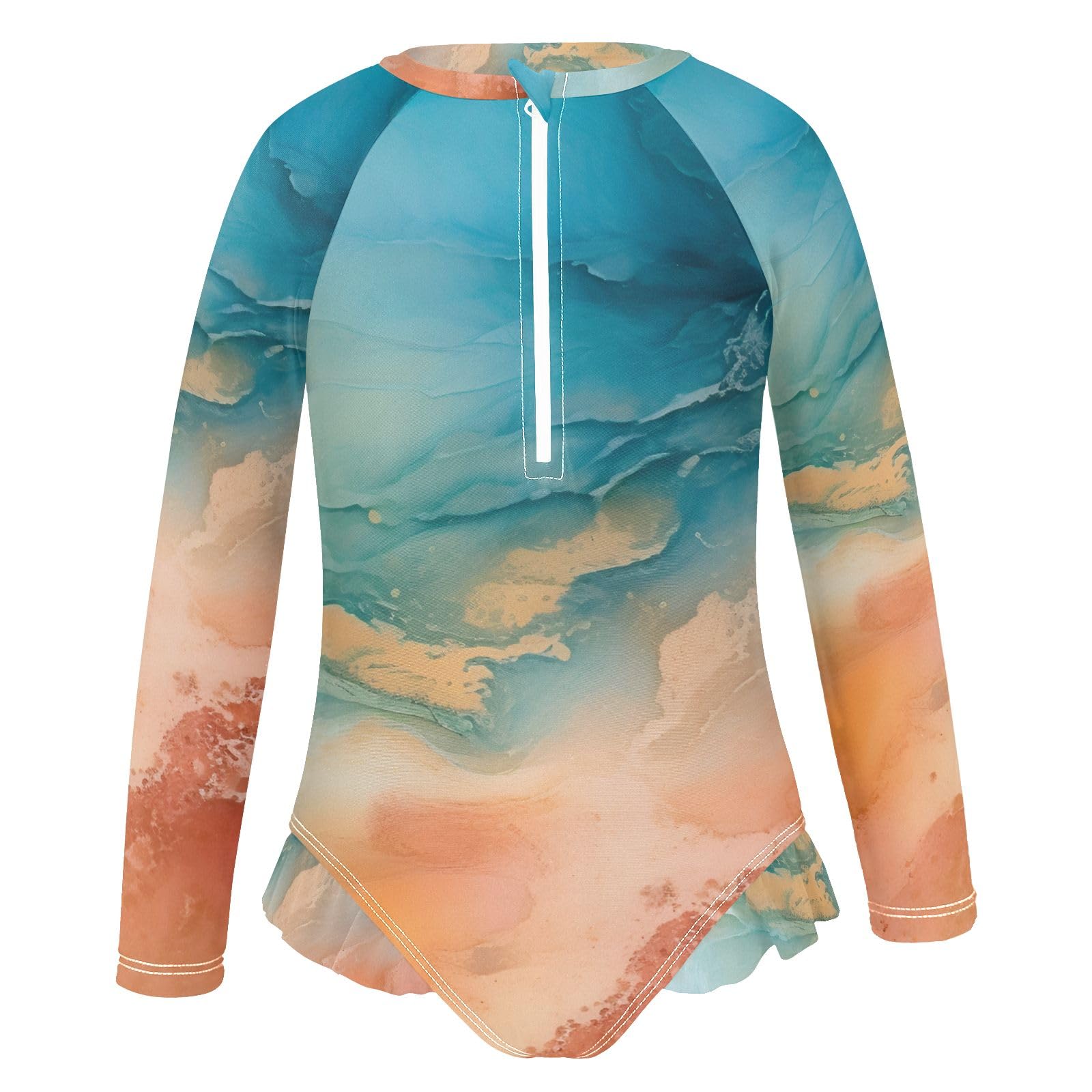ALAZA Swimsuit for Girls Long Sleeve Rashguard Bathing Suit Blue Marble Orange Quick Dry 4T