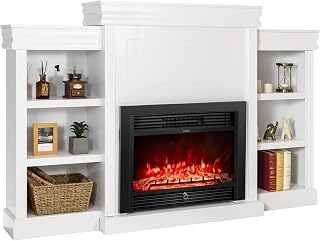 Tangkula 70 Inches Mantel Fireplace, 750W/1500W Electric Fireplace w/Mantel & Built-in Bookshelves, 28.5-Inch Electric Fireplace w/Remote, 1-8H Timer, Adjustable Flame Brightness & Color (White)