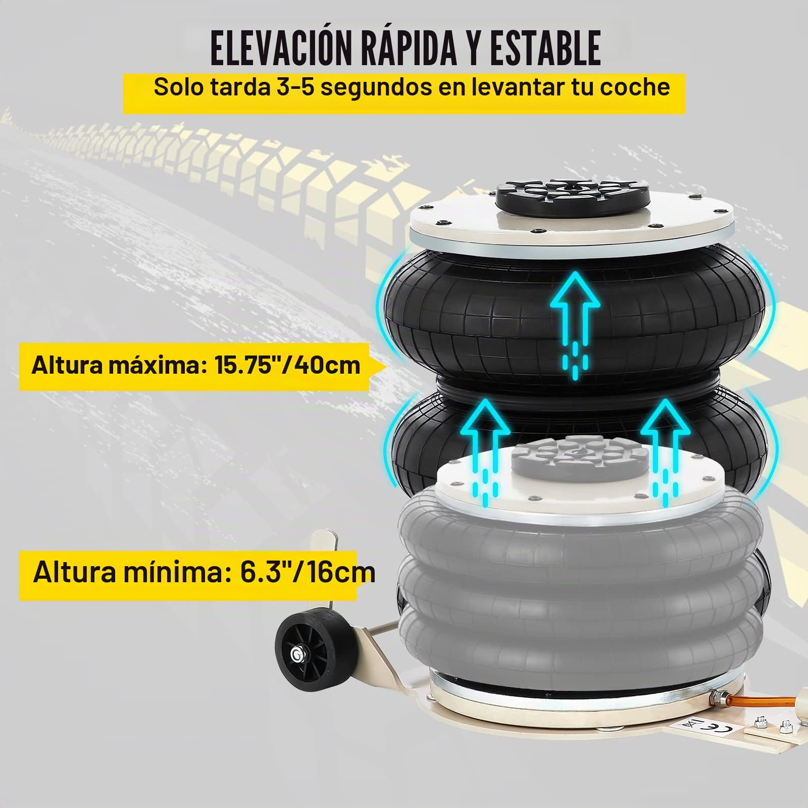 VEVOR Gato neumático para Coches, 5 toneladas Triple Bolsa Altura de elevación 16,5-40,6 cm, Gato Inflable para Coches Capacidad elevación Extremadamente rápida