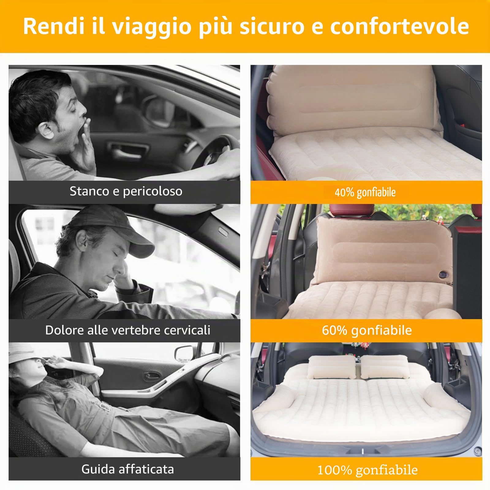 KMZ SUV - Materasso per auto ispessito e floccato su entrambi i lati, per campeggio, con 2 cuscini per sedile posteriore e bagagliaio (beige e caffè)