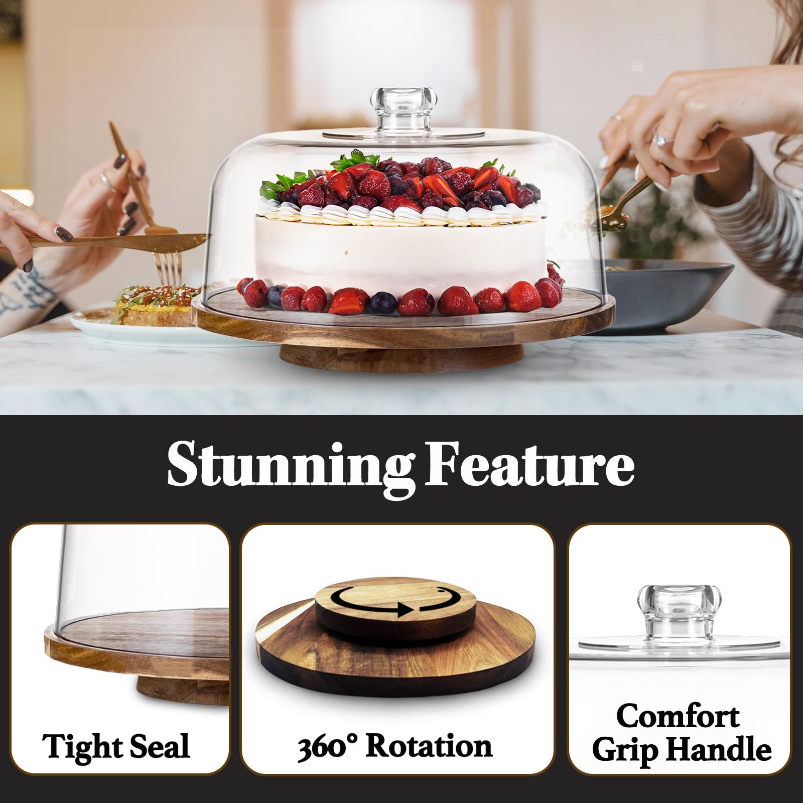 Soporte giratorio de madera de acacia de 12 pulgadas con cúpula acrílica inastillable, tocadiscos giratorios de 360 grados para decorar y servir pasteles, elegante bandeja de exhibición con cubierta