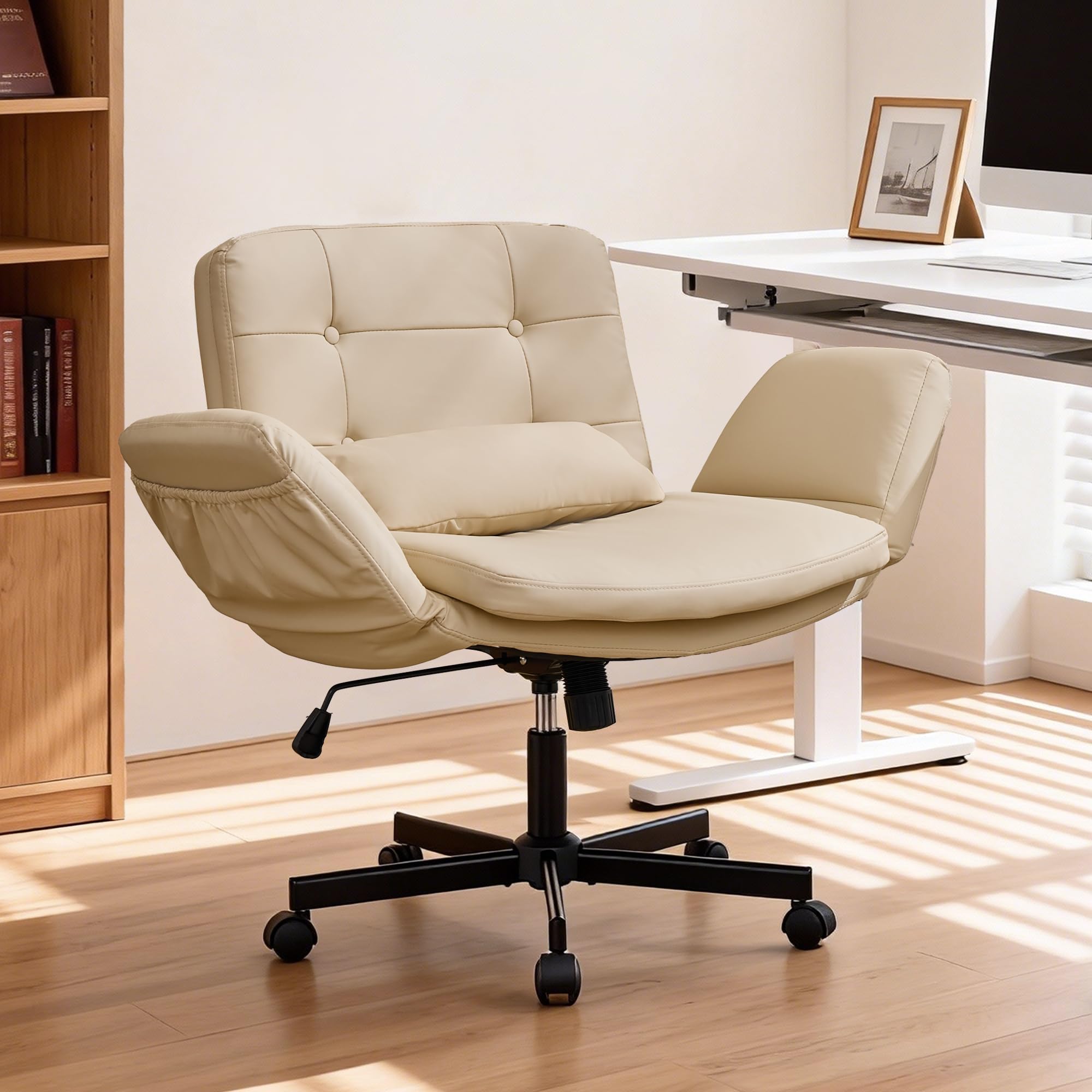 DRMBOOK Dual Layer Criss Cross Legged Chair, Comfy Rolling Office Desk Chair with Flip-Up Armrests &amp; Wheels, Wide Swivel Vanity Chairs with Side Pockets for Makeup (Faux Leather Beige, 1 Chair)