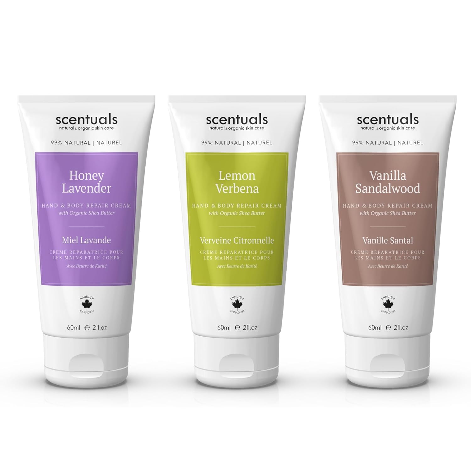 Scentuals Hand Cream Set of 3, with Shea Butter, Cocoa Butter, Argan & Almond oil, Moisturizing Dry Hands, (Lemon Verbena, Honey Lavender, Vanilla Sandalwood) 60 ml (2 fl.oz. x 3)