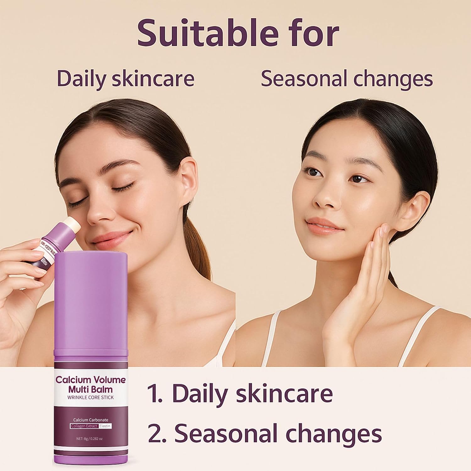 Calcium Volume Multi Balm 8g with Collagen & Shea Butter, Firming Lifting Anti-Aging Moisturizer Stick for Fine Lines, Portable Hydrating Balm Stick for Face Eyes Neck