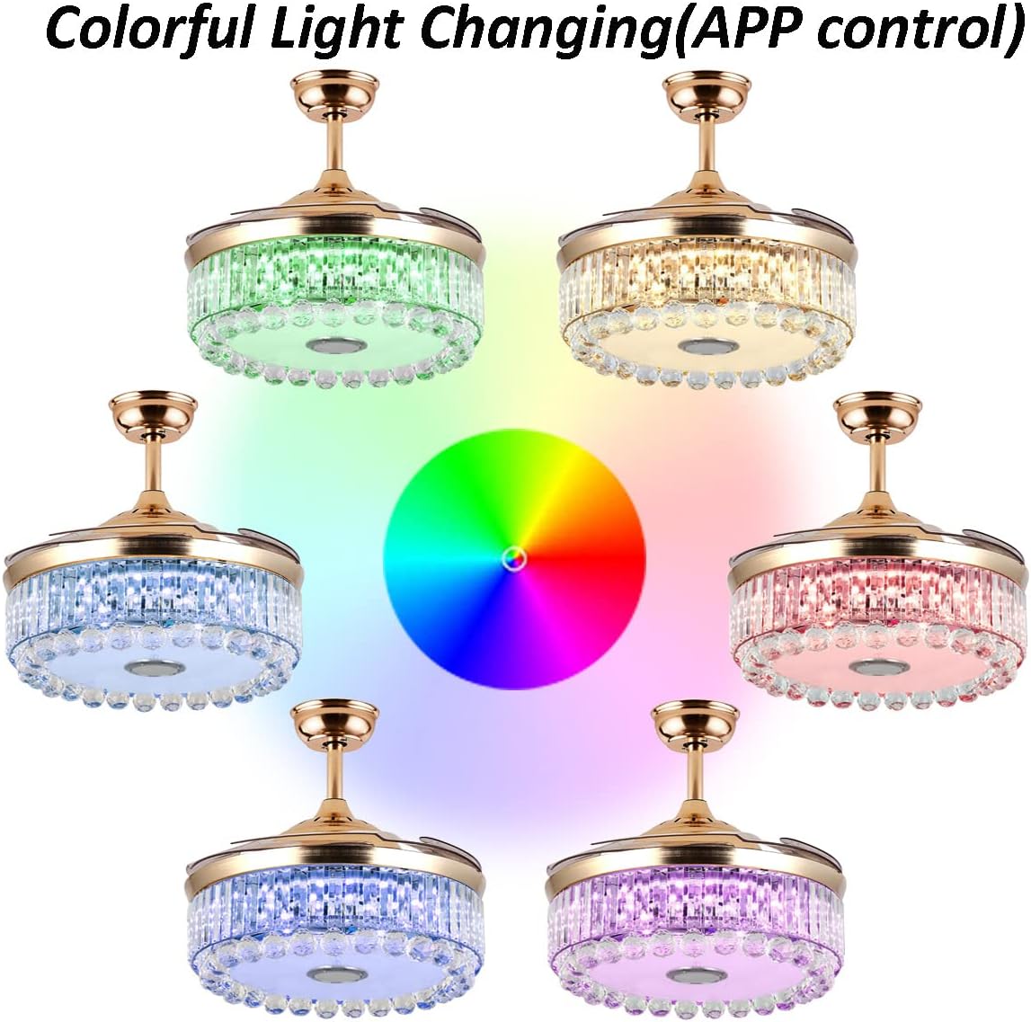 42’’ Modern Ceiling Fan with Lights Remote Control Reversible Blades, Fandelier with Bluetooth Speaker 7 Dimmable Color 6 Speed, Gold Crystal Chandelier Ceiling Fan Silent Motor Reverse