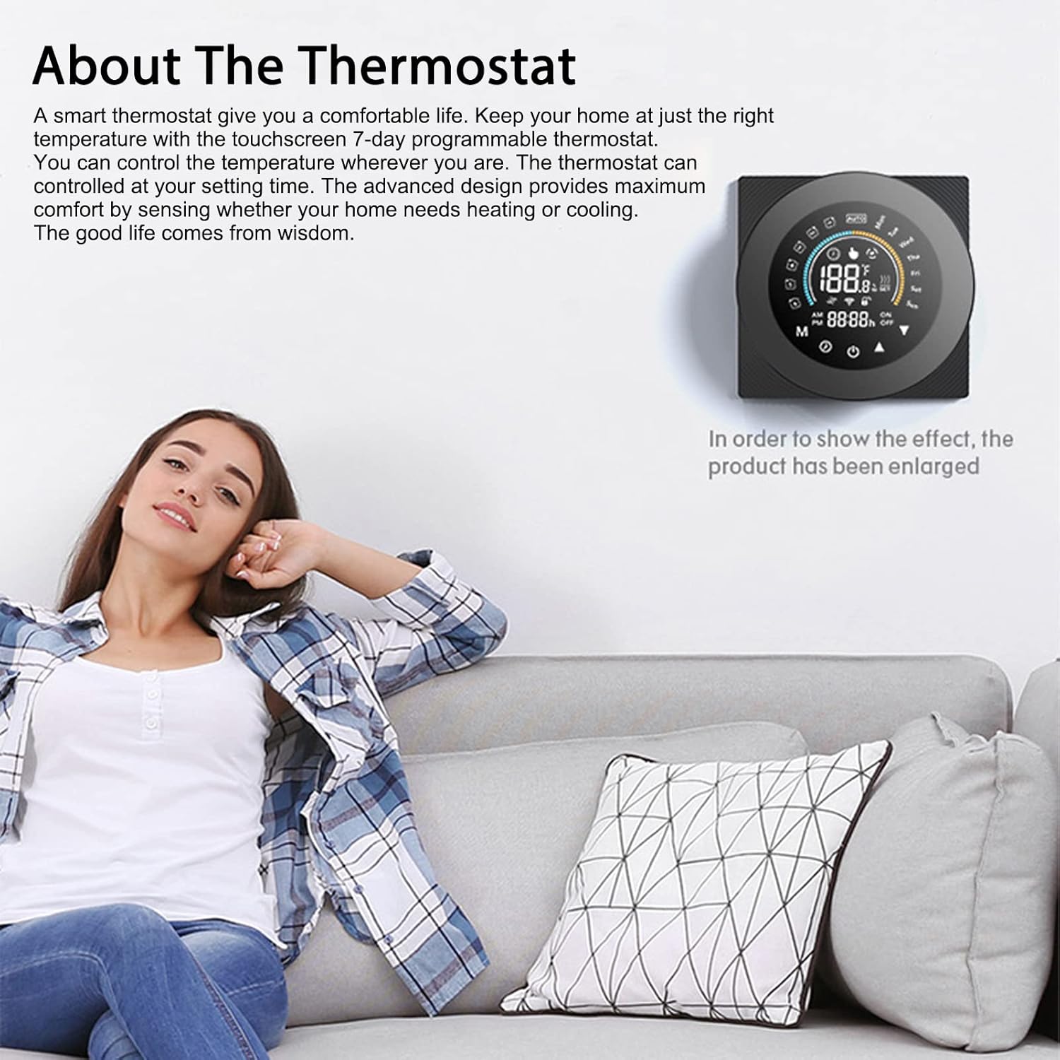 About the Thermostat with woman on couch