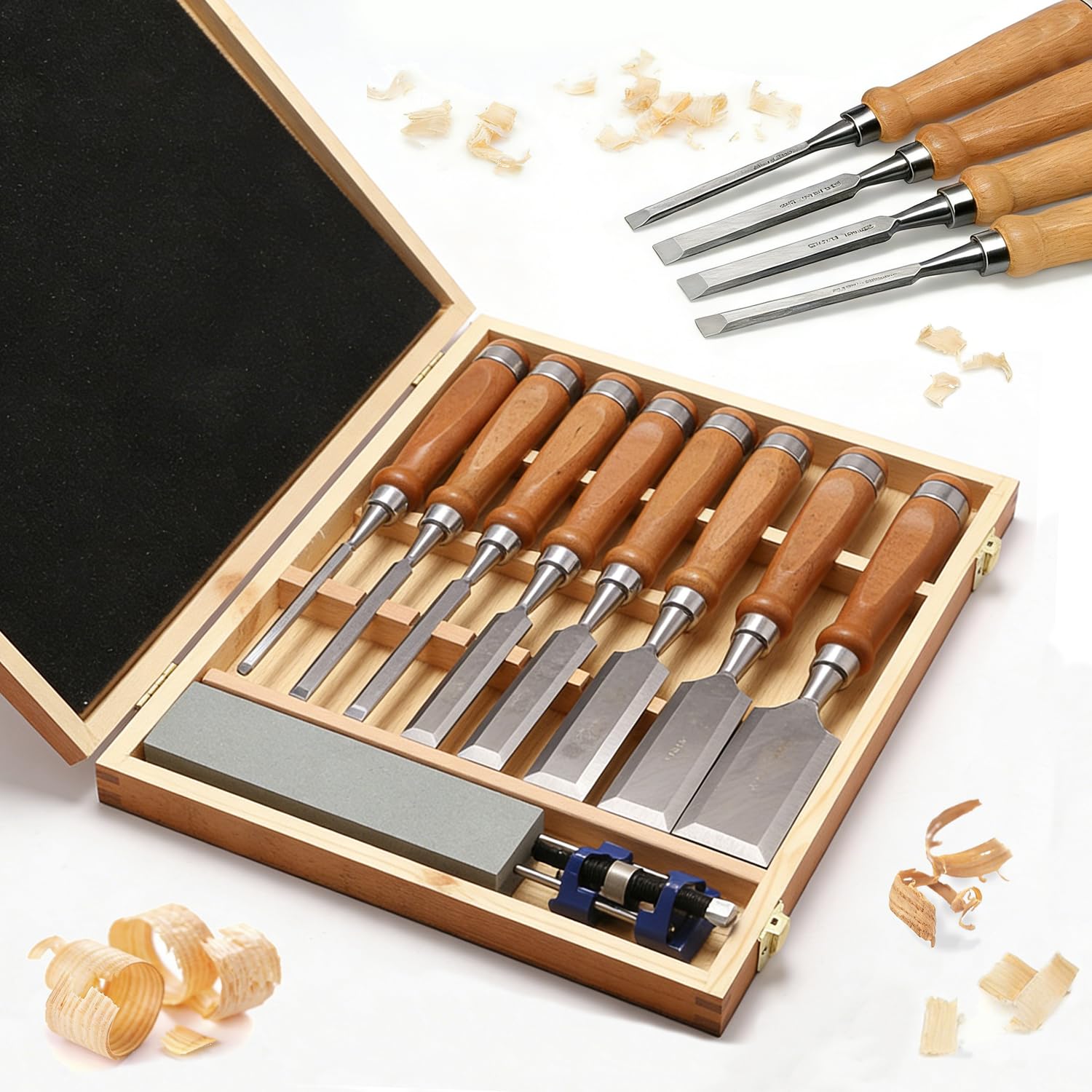 Scalpelli Per Legno,Set Di 8 Scalpelli Da Falegname Da 1/4 Pollice a 2 Pollici, Con Mola e Guida Di Smerigliatura Per Intaglio Del Legno, Carpenteria e Rifilatura Dei Bordi