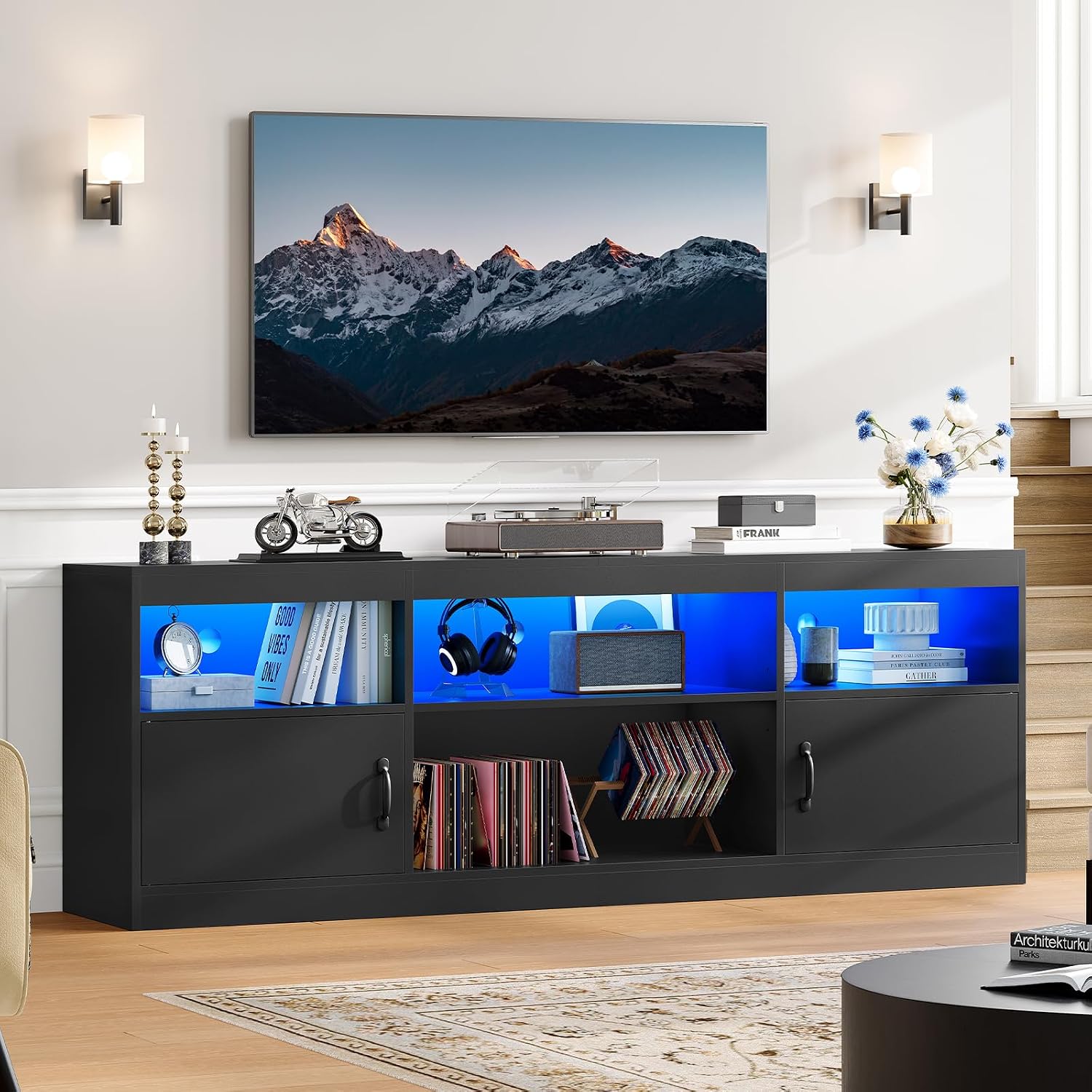 FIONESO 63" TV Stand for up to 70 Inch TV, Entertainment Center with LED Lights, TV Console with 2 Storages & 4 Shelves, Modern TV Cabinet for Living Room, Bedroom, Black
