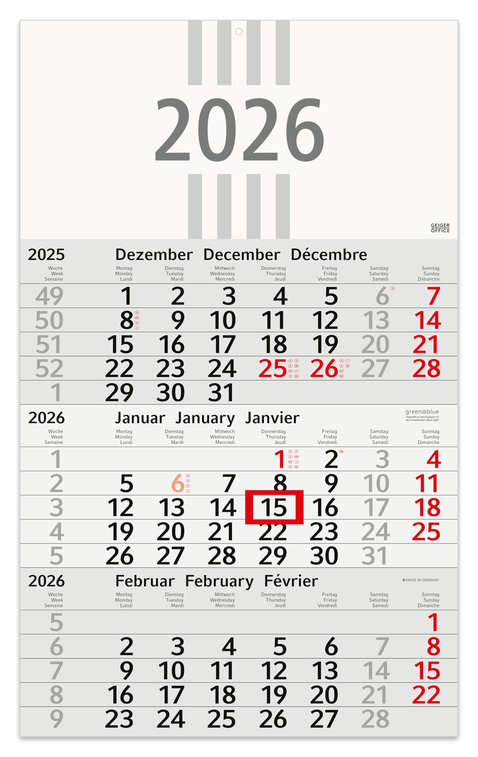3-Month Calendar 2026 Recycled Wall Calendar with Date Slider, 30