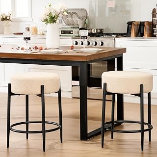 Viroformo Mid-Century Modern Backless Dining Chairs Set of 2 - Soft Beige Boucle Padded, Sturdy Metal Legs, 23.6" Kitchen Stools