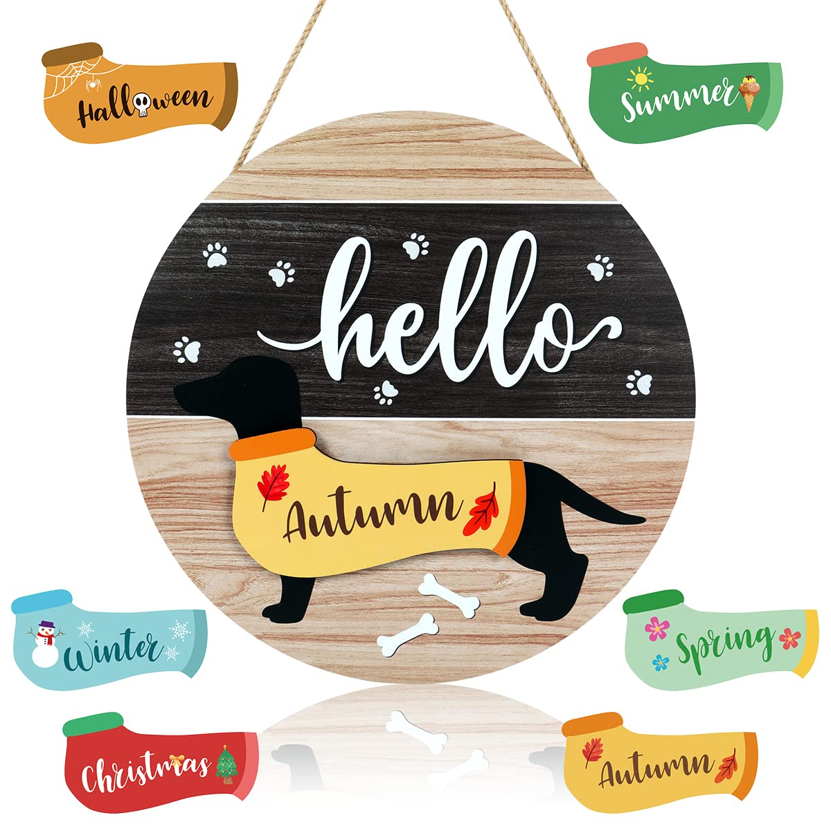 Anyzal Christmas Interchangeable Welcome Sign for Front Door, Christmas Seasonal Holiday Hanging Wreath, Winter Decoration - Dog Clothes and 6 Cute Wooden Pieces for All Seasons