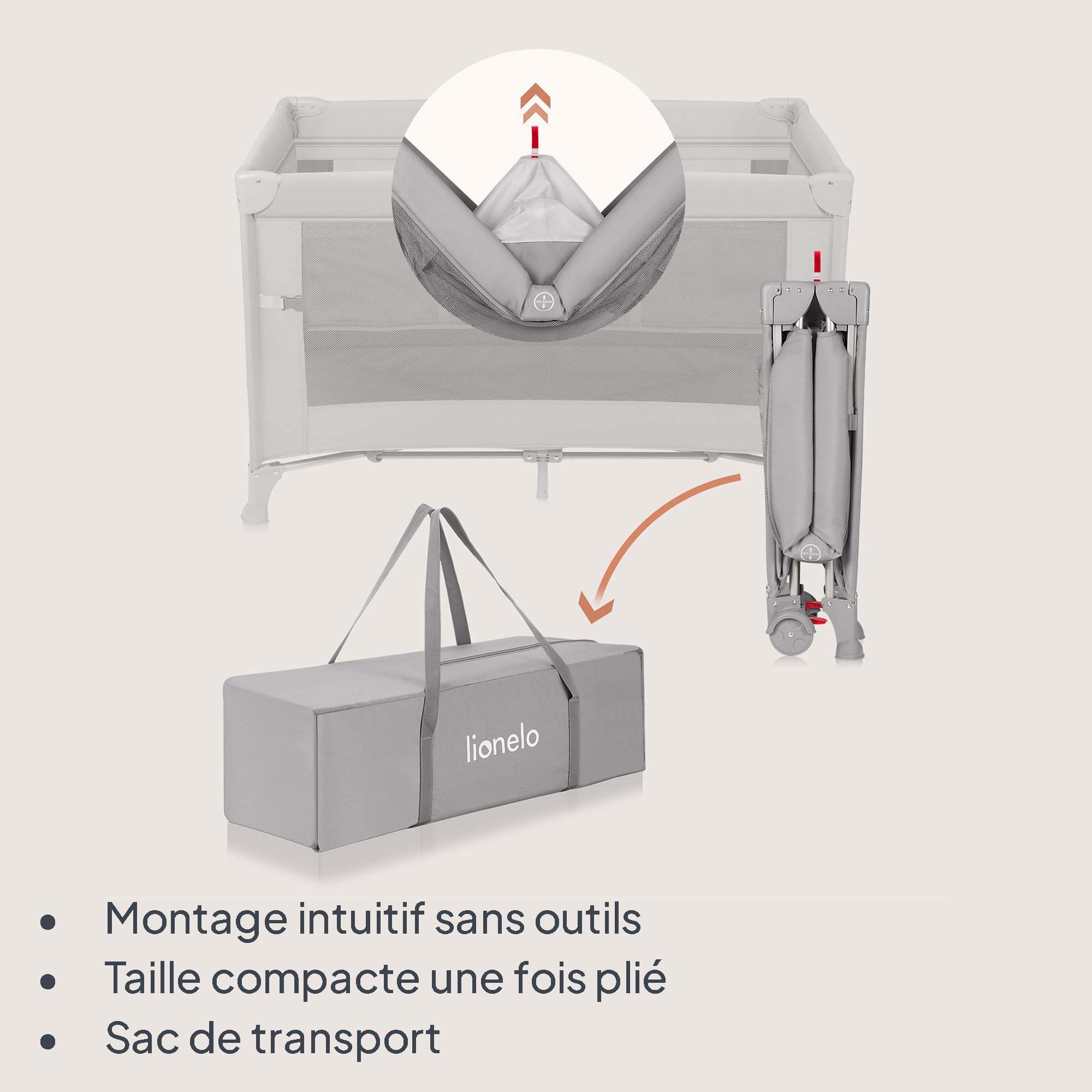LIONELO ELLEN Lit de Voyage 3 en 1 Cododo 0-3 Ans 15 kg 2 Hauteurs Matelas Gris