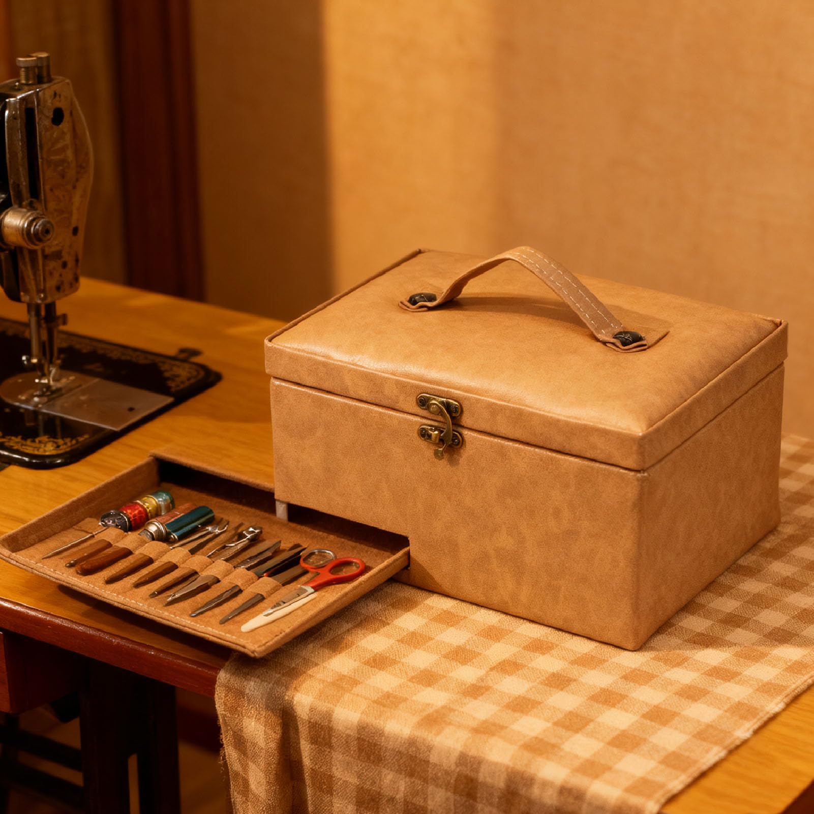 Leder-Nähkorb aus Holz, Tragbare Aufbewahrungsbox für Nadelfaden-Nähset-Werkzeuge, Vintage-Näh-Tragetasche mit Robuster Konstruktion, Ideal Zum Nähen von Heimwerkerbedarf