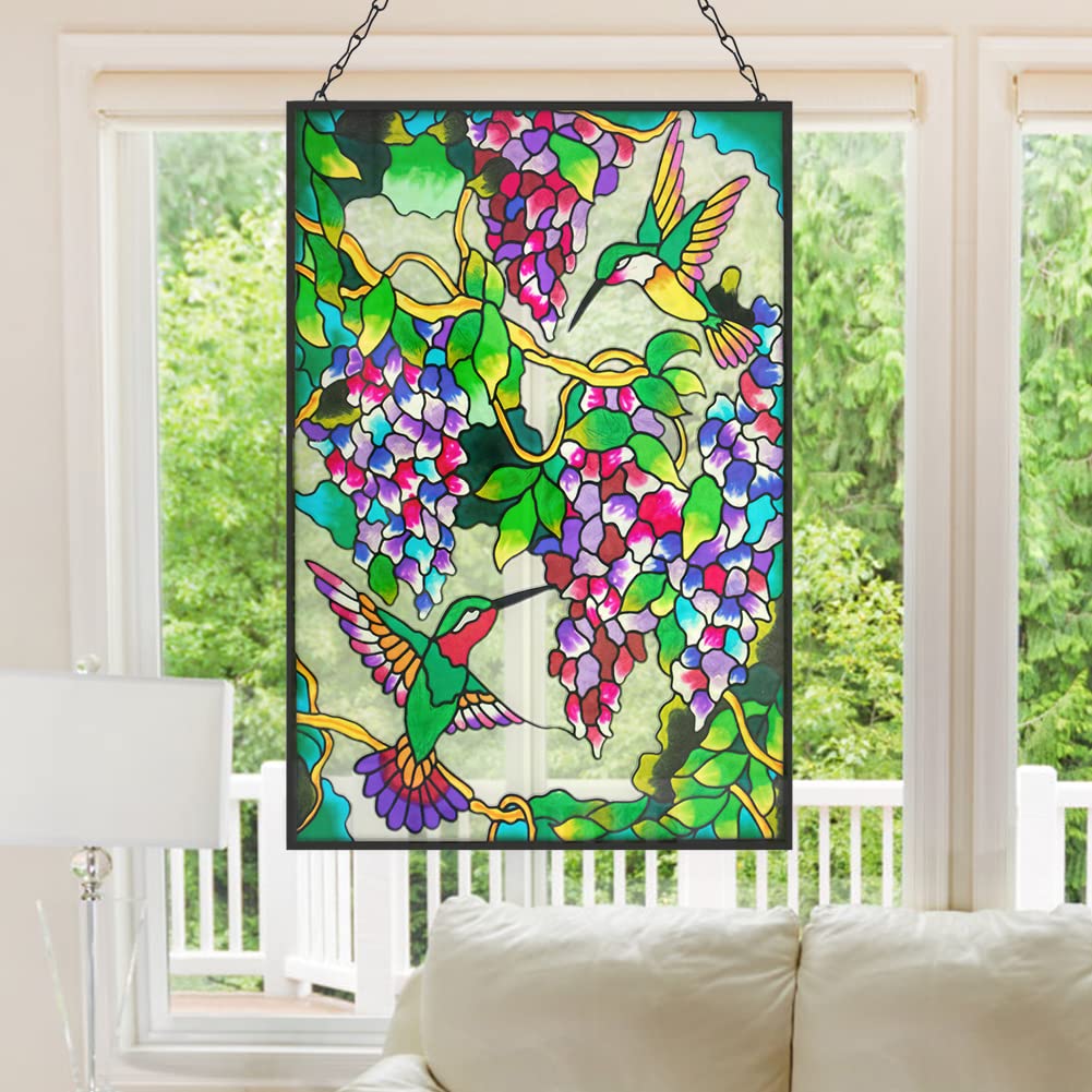 VEWOGARDEN Kolibri Buntglas-Fensterbehänge 25,4 cm B x 38,1 cm H Vogel-Sonnenfänger Panel mit Kettenfenstern hängende Dekoration Ornament Geschenk