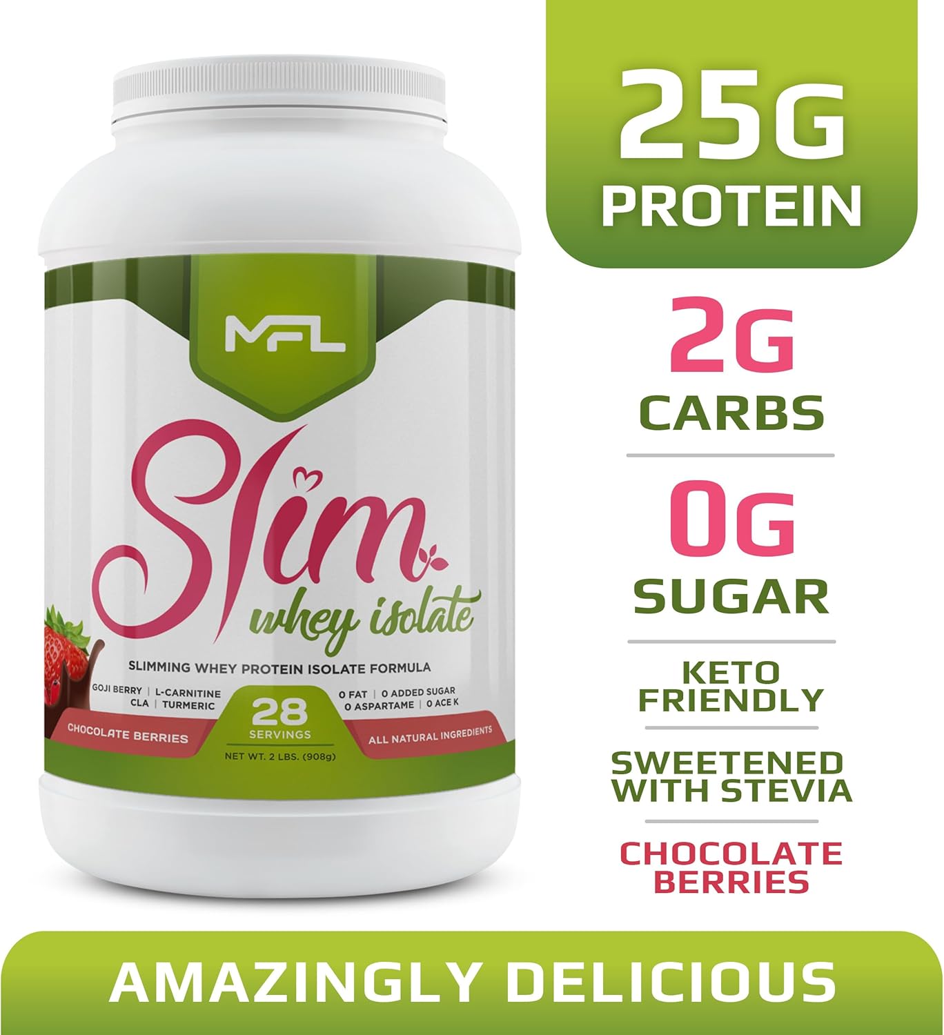 MFL Slim WHEY Protein Powder | 28g Protein | Low Carbs | Slimming Nutritional Shake | Sweetened with Stevia | 2 lbs. (Chocolate Berries)