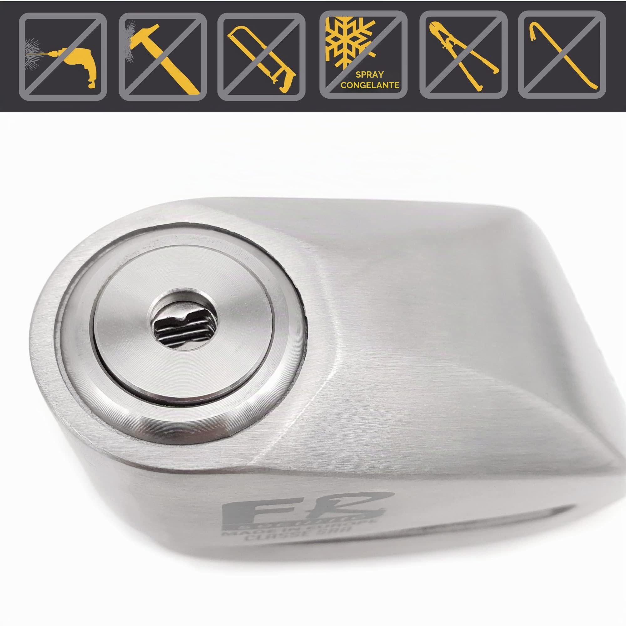 FR SECURITE FR114S Bloccadisco Moto Omologato SRA, Doppia Serratura ø14mm, Serratura in Acciaio Inossidabile Alta Sicurezza, Cavo Promemoria, Lucchetto Antifurto Moto Pinza Scooter, Bicicletta