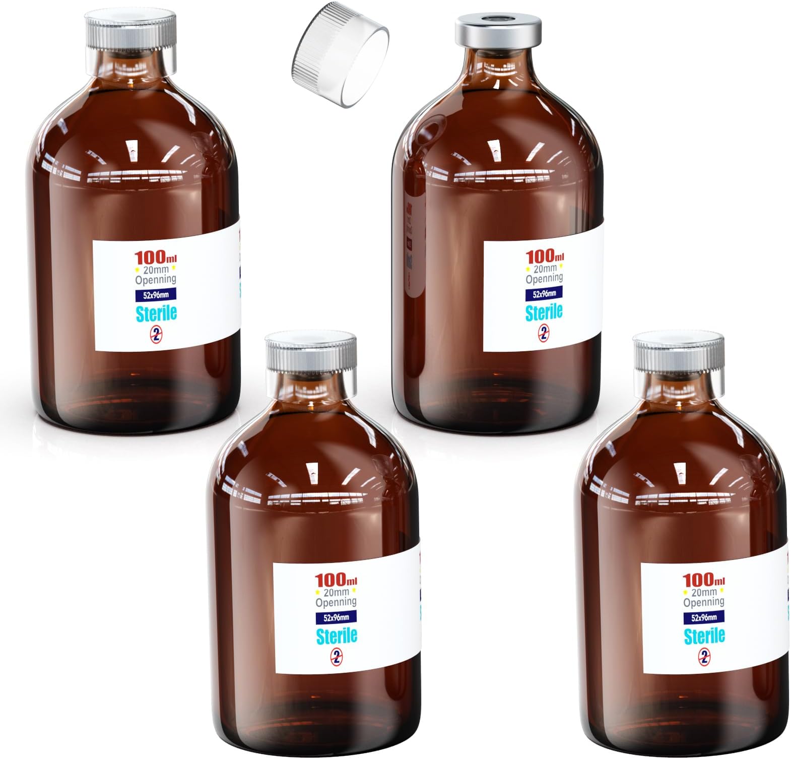 Biomed Solutions Sterile Empty Vial with Reusable Plastic Cap,Ready to Fill Glass Containers, Liquid Injection Bottle Sealed with Self Healing Injection Port (100ml Amber 4pcs)