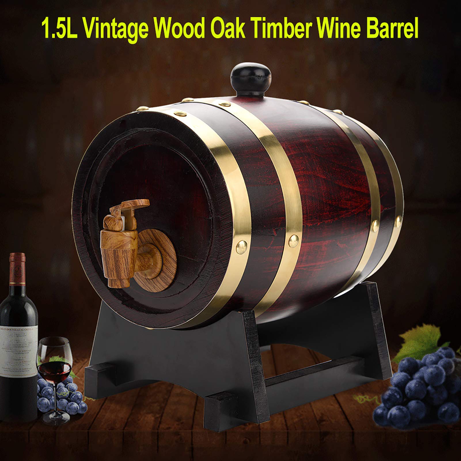 Asixxsix Vintage Wood Oak, Wood Barrels Oak Timber Wine Barrels with Plastic Tap, Handmade Wine Barrels on Stand for Whiskey, Bourbon, Tequila, Rum, For Storage and Aging (1.5L)