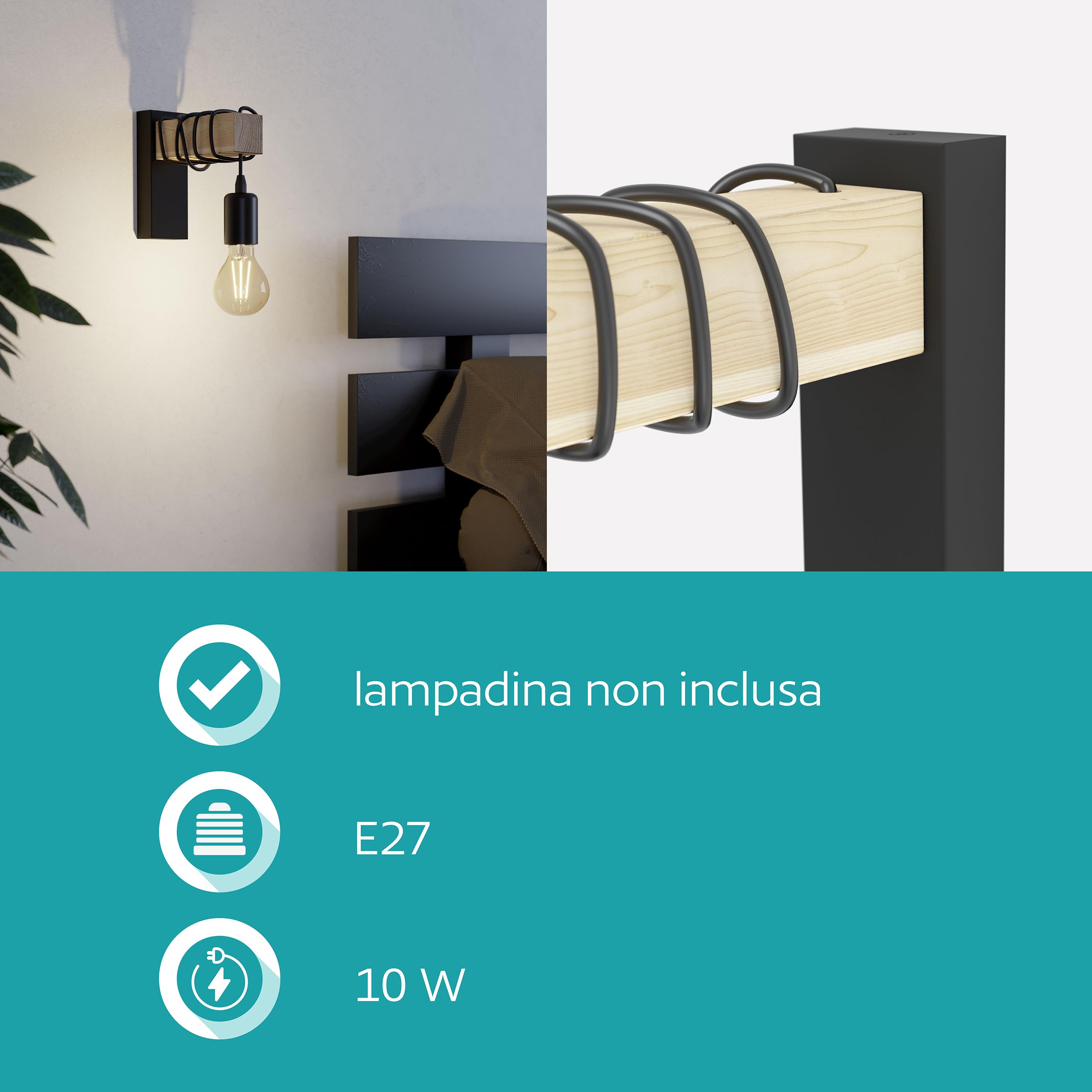 Eglo Lampada da parete Townshend, plafoniera vintage a uno punto | luce, lampada da parete dal design industrial, lampada retrò in acciaio e legno, nero, marrone, E27, certificazione FSC