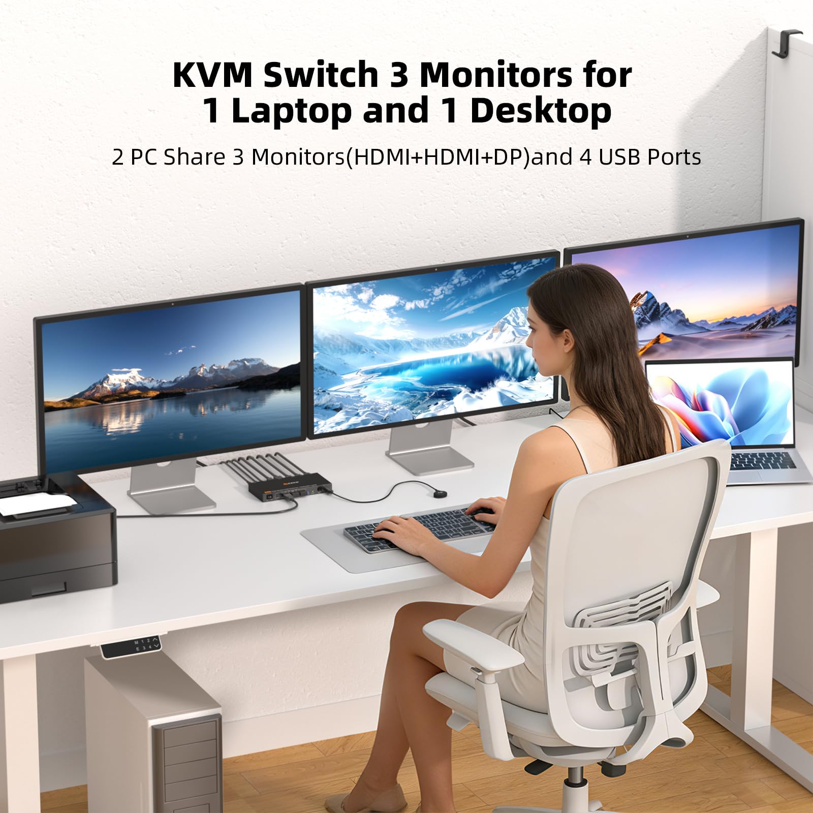 Conmutador KVM 4K@60Hz USB C DP 1 PC 1 Laptop Comparte 3 Monitores y 4 Puertos USB 3.0, PD 100 W para Laptop, Conmutador KVM de Acoplamiento USB-C con Fuente de Alimentación, Control Remoto por Cable