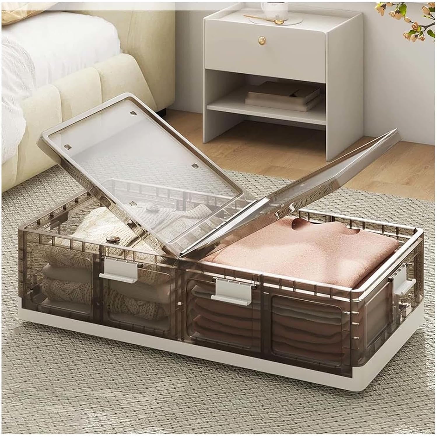 Underbed Shoe Storage with Wheels Plastic, Stackable, Under Bed Drawers 66L Under Bed Drawers on Wheels for Clothes,Shoes,Toys,transparent-1pack