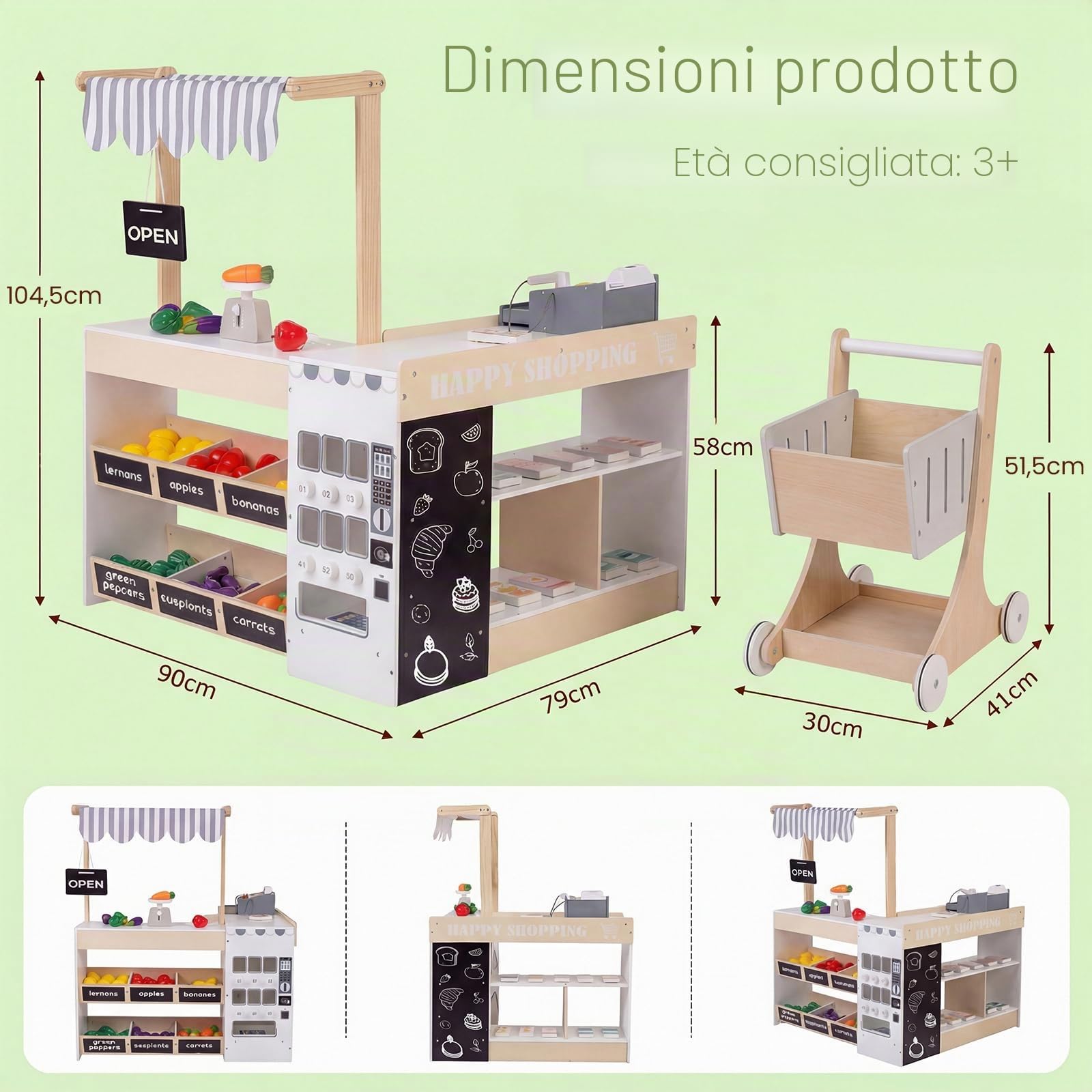HOMASIS Negozio in Legno per Bambini, Supermercato Giocattolo con Registratore di Cassa, Lavagna, Carrello della Spesa, Distributore Automatico, Frutta e Verdura, Giocattolo per Bambini 3+ Anni
