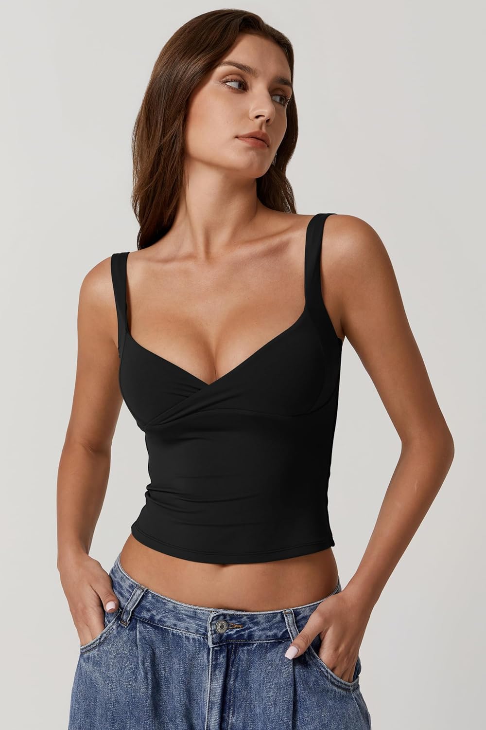 QINSEN Women's V Neck Tank Tops Double Lined Adjustable Strap Camisole Shirt - Image 2