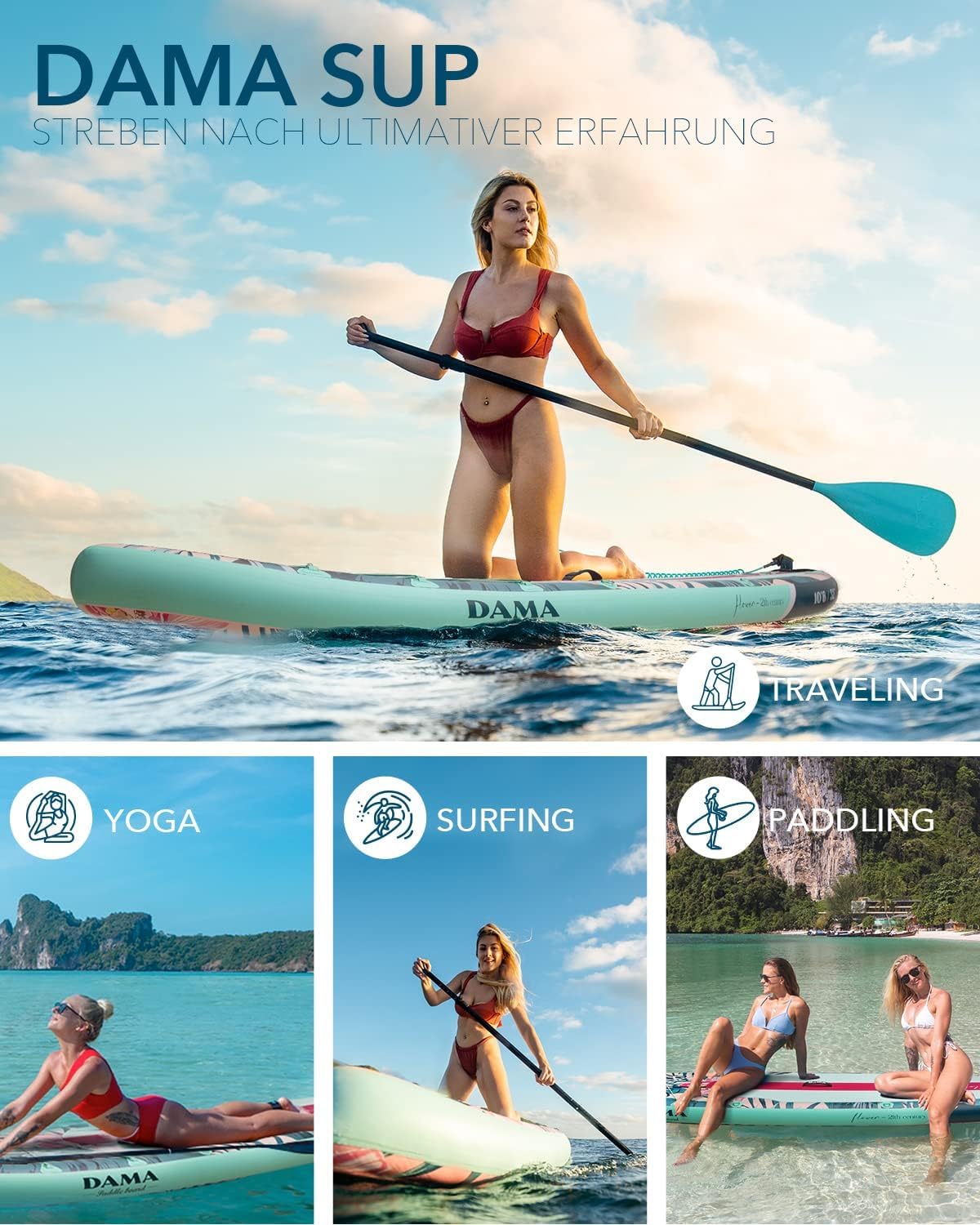 DAMA Light Flower Tabla de Paddle Surf Hinchable, Sup Paddle Board Inflable 320 x 81 x 15 cm, Antideslizante, hasta 145 kg, Remo Doble, Bomba, Mochila, Correa de Seguridad y Bolsa Estanca 5 L