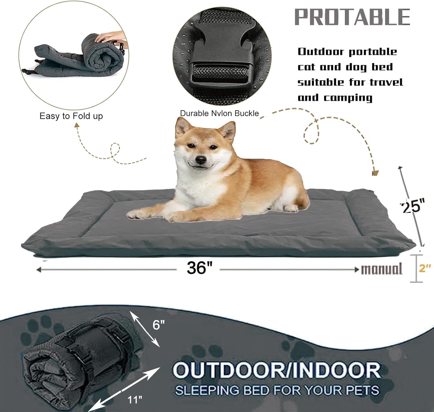 YOFANG Outdoor Travel Dog Bed Mat,Portable Crate Mat Waterproof Anti-Slip, Kennel Pad Washable,Pet Camping Beds Ripstop 1600D Nylon Fabric,Easy to Clean for Indoor/Outdoor and Car Mat,36"x25" Grey