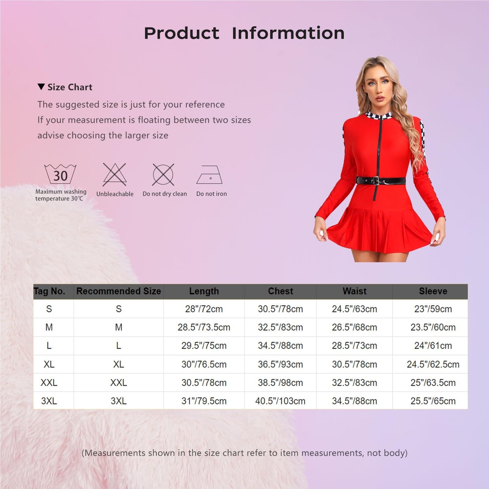 Cheerleader Kostüme Damen Cheerleader-Uniform, Schachbrett-Rennfahrer-Cosplay-Kleid mit Gürtel, langärmliger Reißverschluss vorne, Faltenrock, Rennfahrer-Kleid