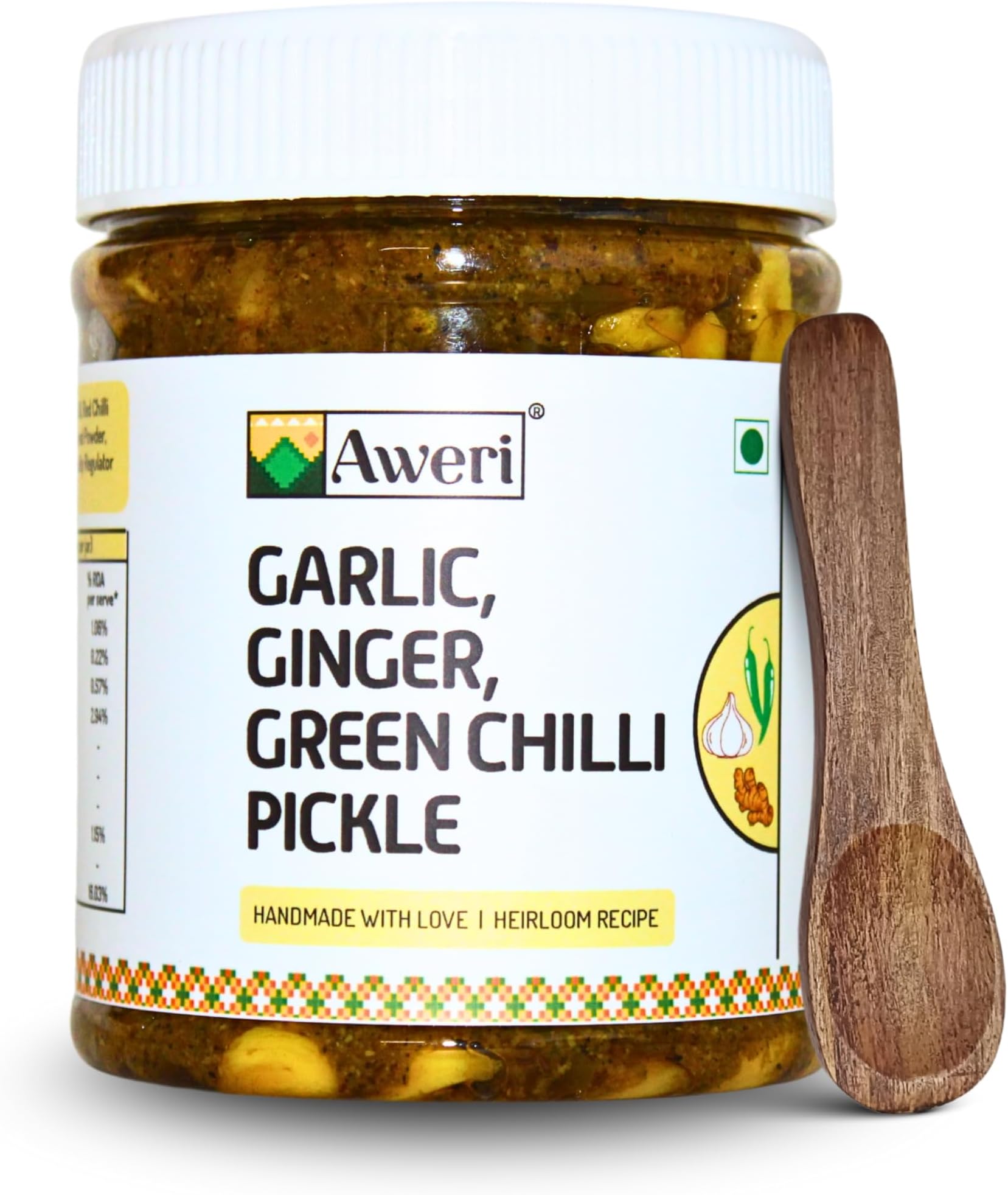 Garlic Ginger Green Chilli Pickle (400g) | Includes Sheesham Wooden Spoon | Traditional Indian Achaar | Homemade Style Taste | Made with Cold Pressed Mustard Oil | Adrak Lehsun Mirch Ka Achar