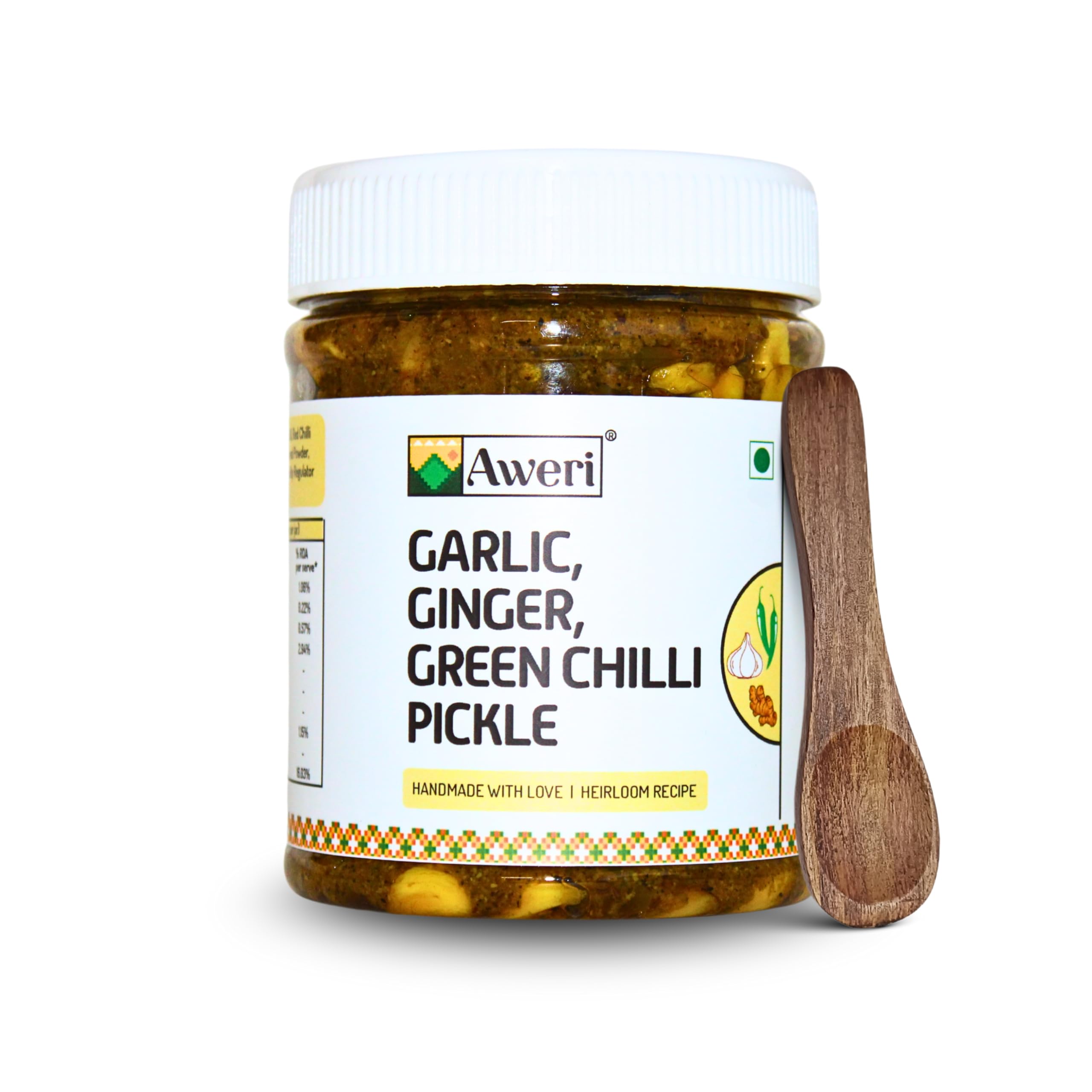 Garlic Ginger Green Chilli Pickle (400g) | Includes Sheesham Wooden Spoon | Traditional Indian Achaar | Homemade Style Taste | Made with Cold Pressed Mustard Oil | Adrak Lehsun Mirch Ka Achar