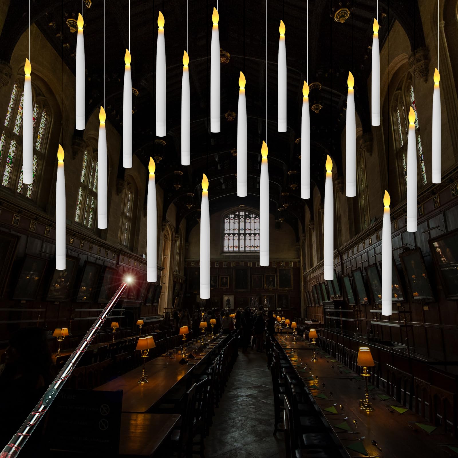 BORTENG Floating Candles with Wand for Christmas Decorations, 12Pcs Hanging Flameless LED Taper Candles Warm White Light, Dark Academia Decor Window Candles for Indoor & Outdoor Christmas/Party Decor